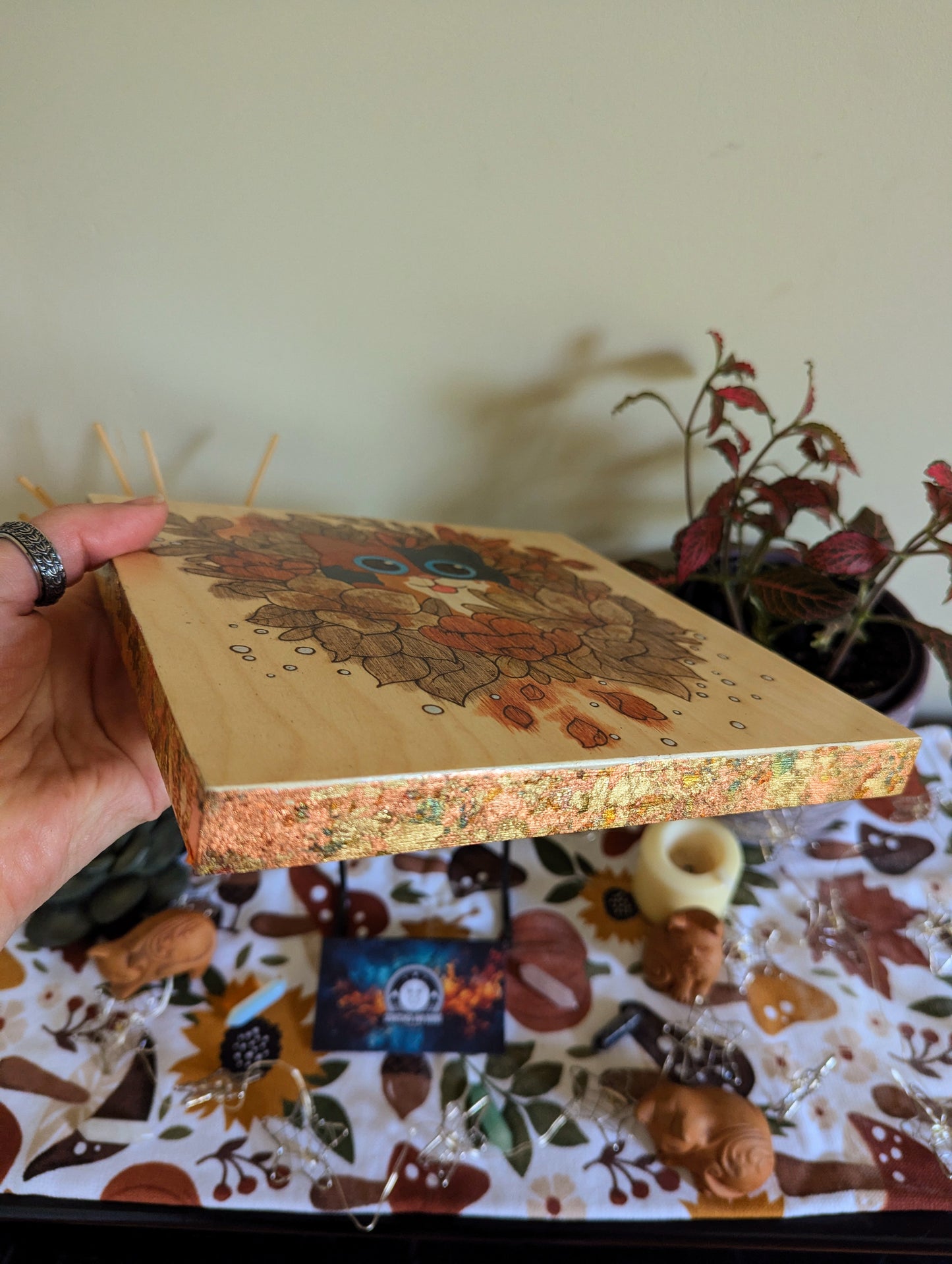 Cat in Bloom, Pyrography w/ Watercolors, Colored Foil Accents, on Wood, Wall/ Desk Art