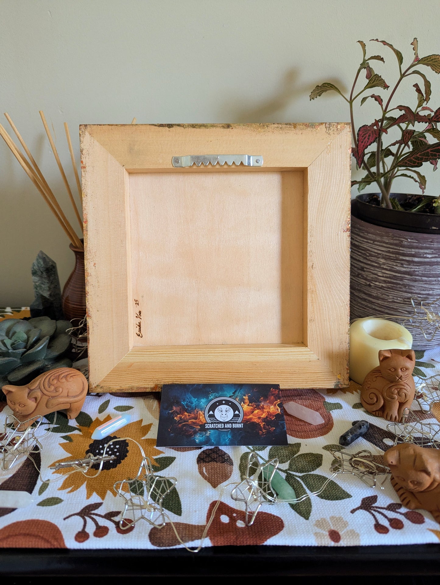 Cat in Bloom, Pyrography w/ Watercolors, Colored Foil Accents, on Wood, Wall/ Desk Art