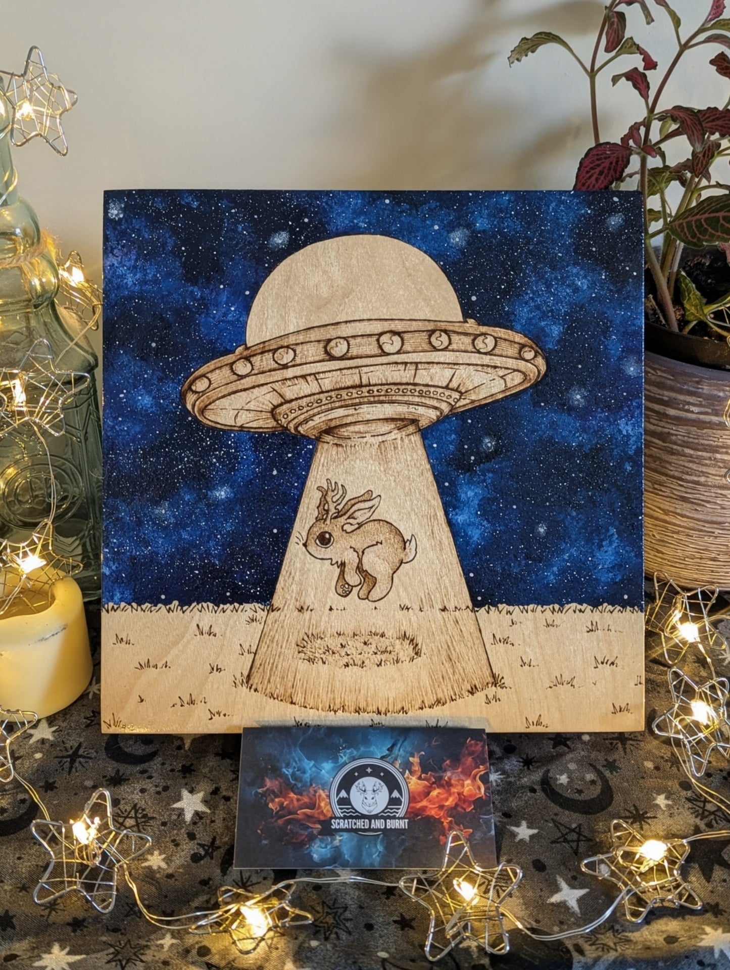 Alien Abduction, Jackalope! Pyrography w/ Acrylics, Desk/Wall Art