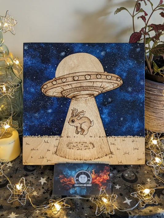 Alien Abduction, Jackalope! Pyrography w/ Acrylics, Desk/Wall Art