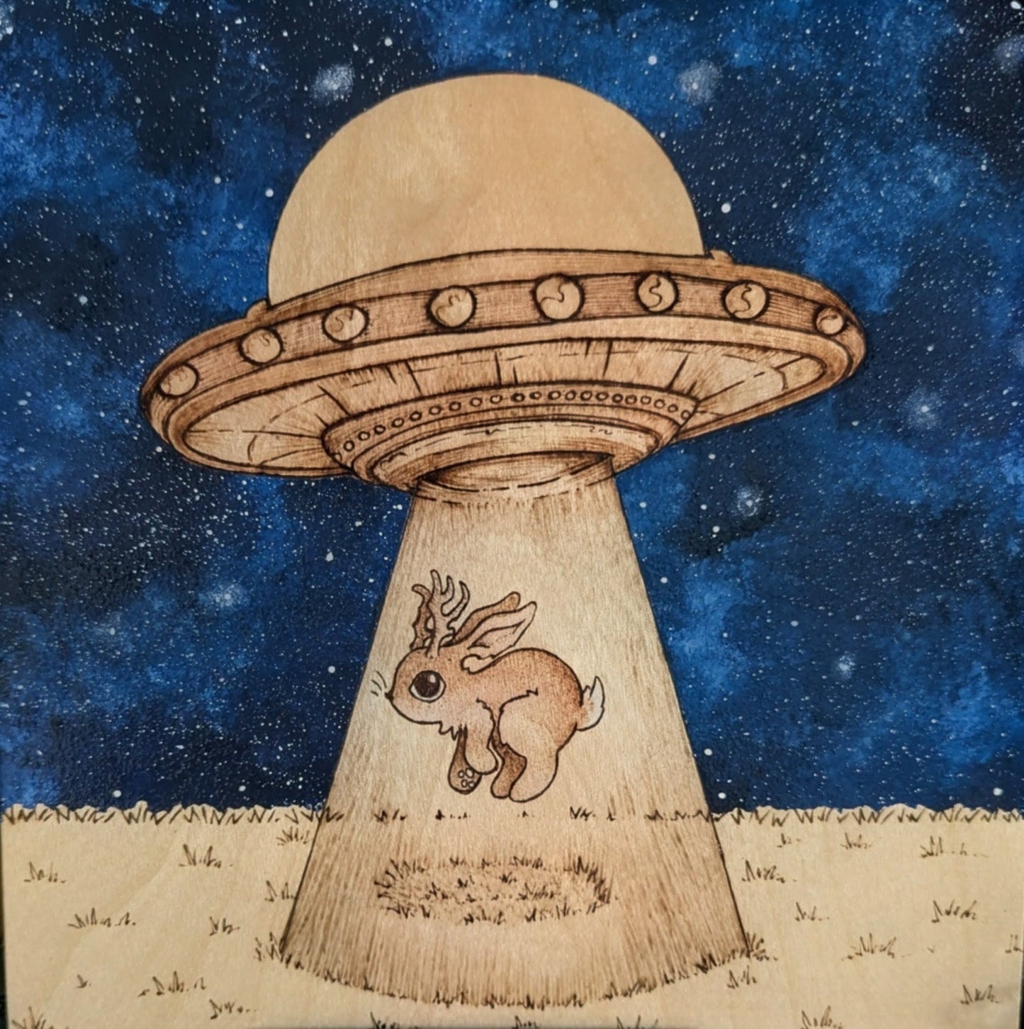 Alien Abduction, Jackalope! Pyrography w/ Acrylics, Desk/Wall Art