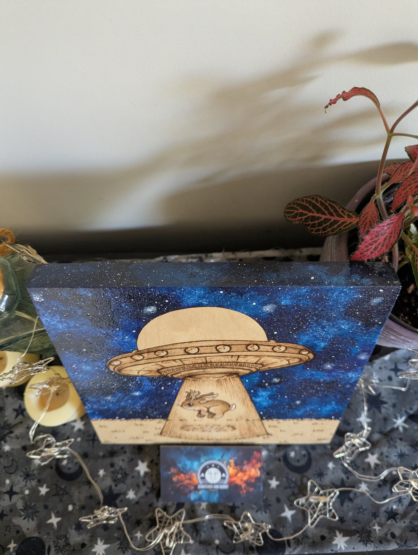 Alien Abduction, Jackalope! Pyrography w/ Acrylics, Desk/Wall Art