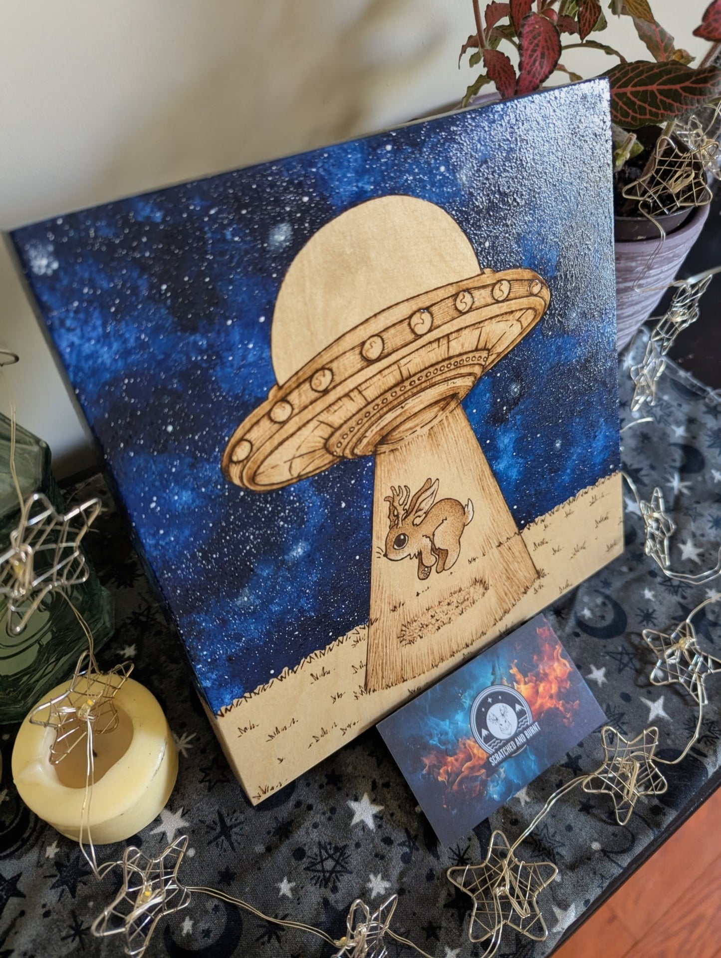Alien Abduction, Jackalope! Pyrography w/ Acrylics, Desk/Wall Art