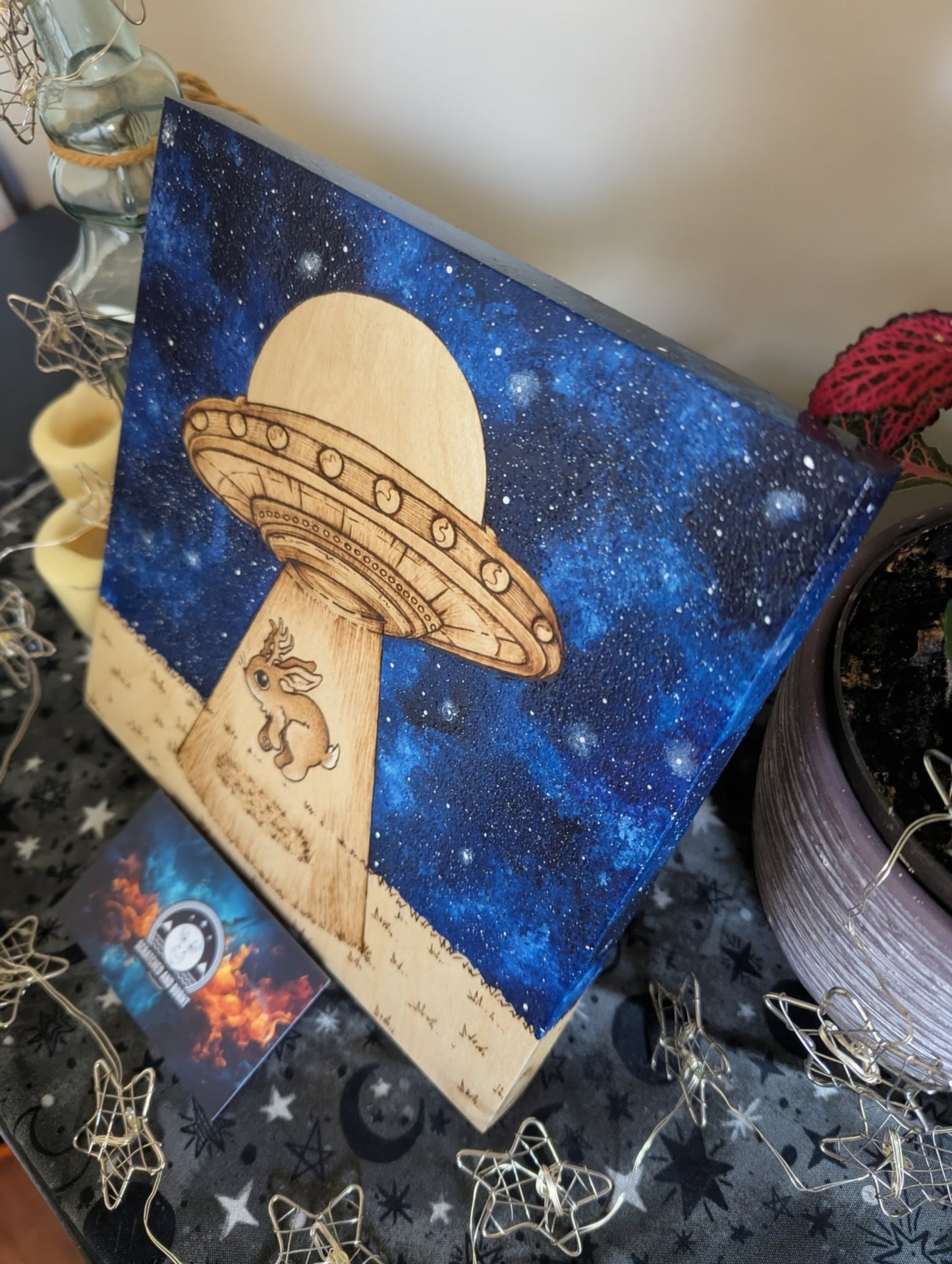 Alien Abduction, Jackalope! Pyrography w/ Acrylics, Desk/Wall Art