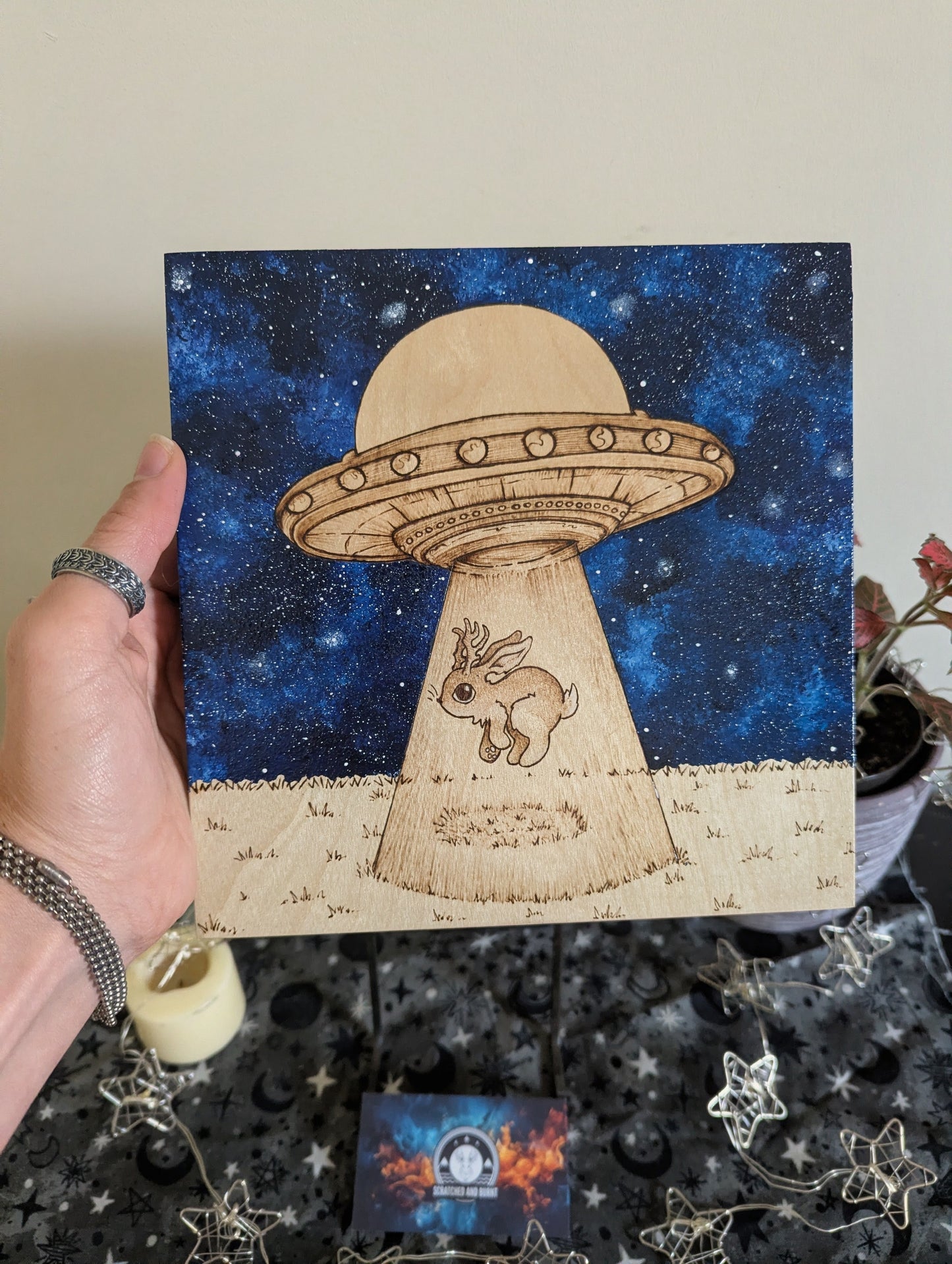 Alien Abduction, Jackalope! Pyrography w/ Acrylics, Desk/Wall Art