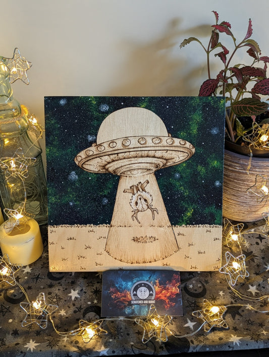 Alien Abduction, Wendigo! Pyrography w/ Acrylics, Desk/Wall Art