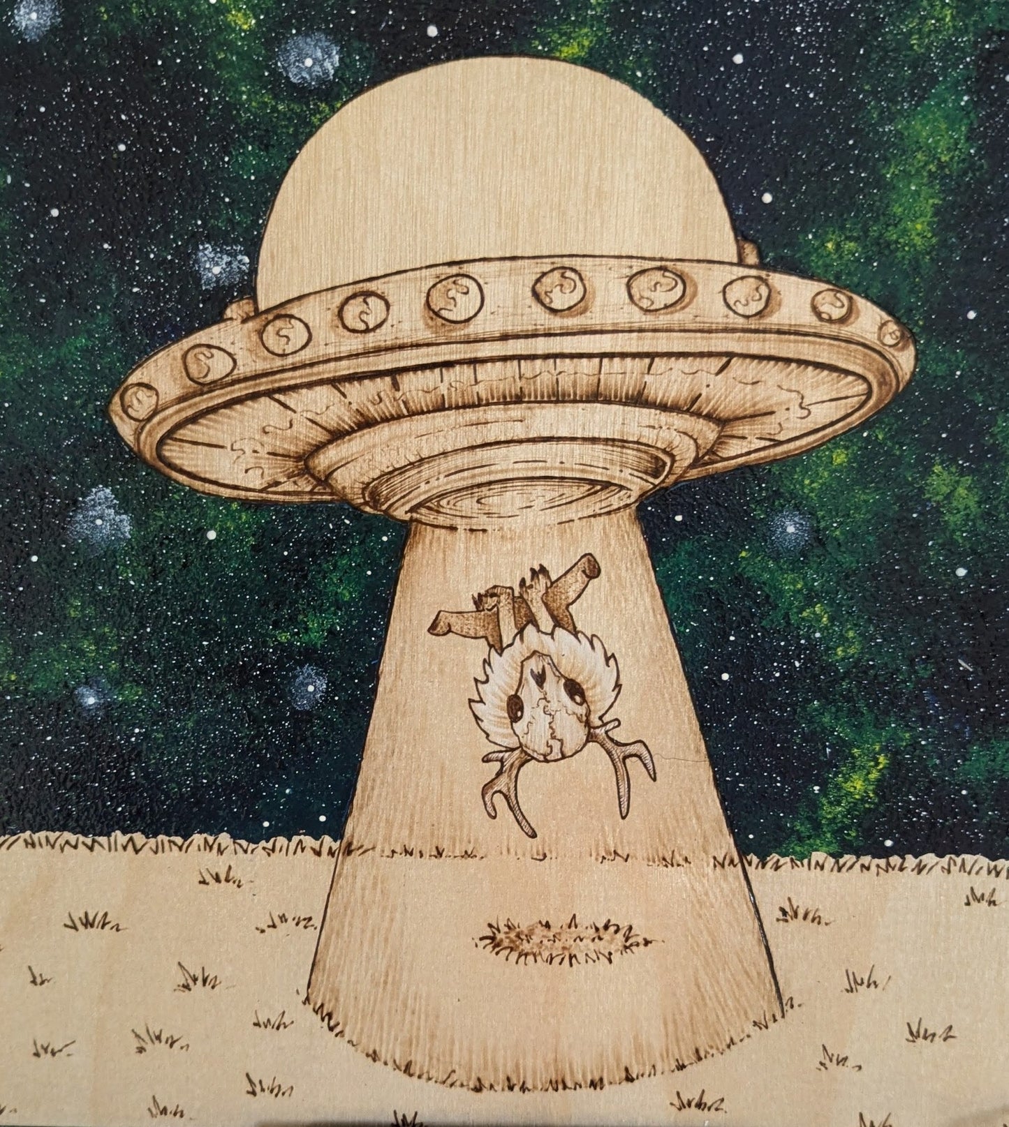 Alien Abduction, Wendigo! Pyrography w/ Acrylics, Desk/Wall Art