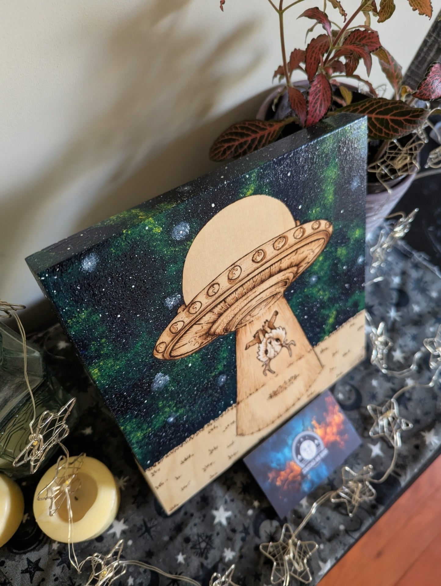 Alien Abduction, Wendigo! Pyrography w/ Acrylics, Desk/Wall Art