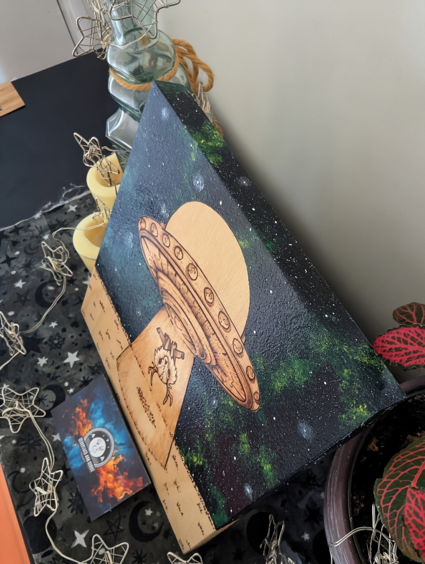 Alien Abduction, Wendigo! Pyrography w/ Acrylics, Desk/Wall Art