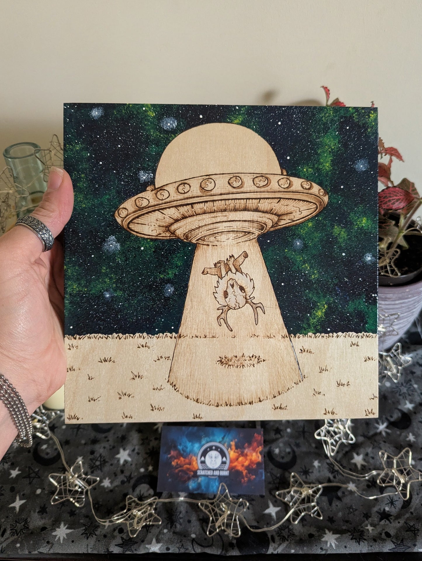 Alien Abduction, Wendigo! Pyrography w/ Acrylics, Desk/Wall Art