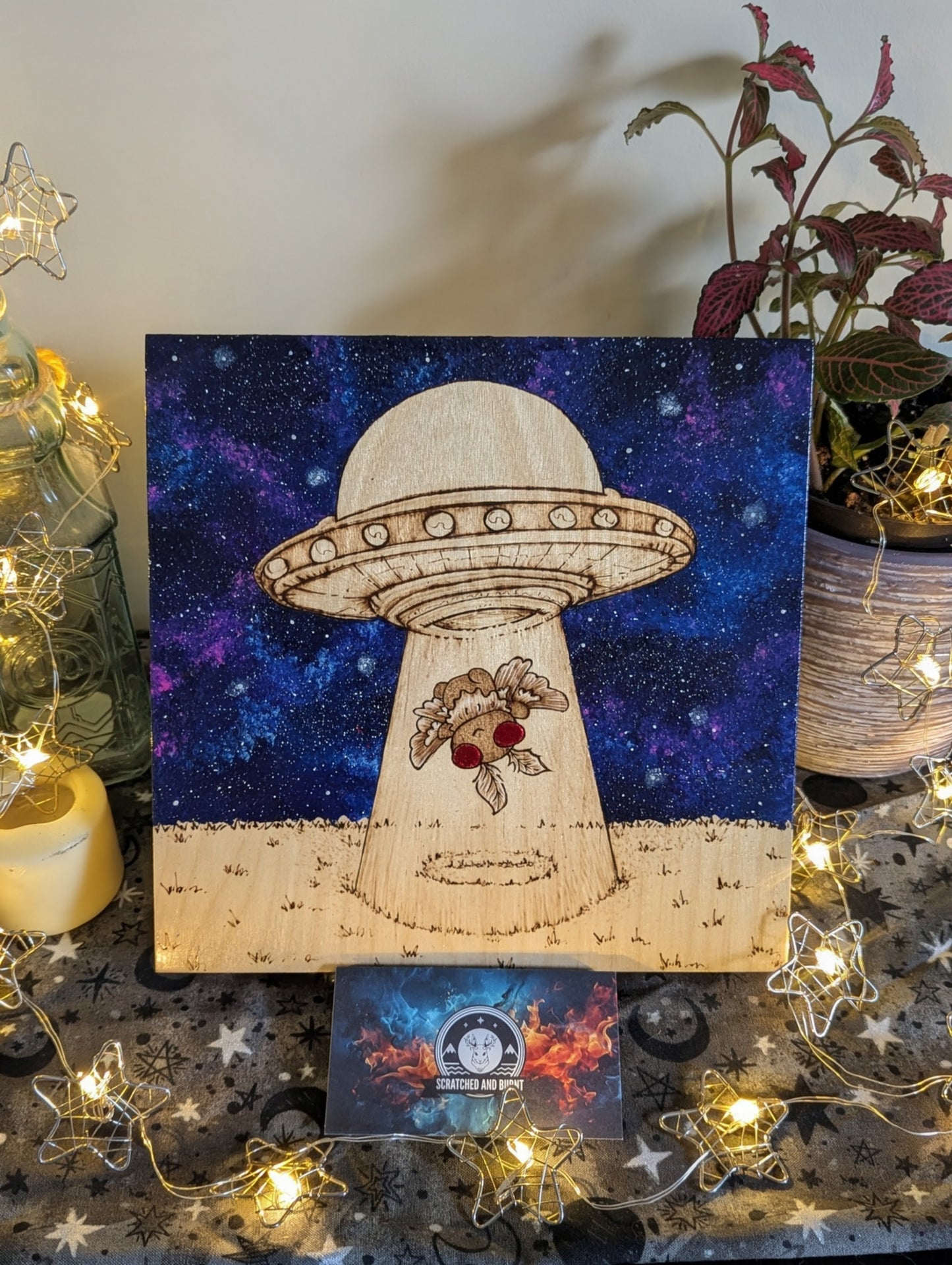 Alien Abduction, Moth Man! Pyrography w/ Acrylics, Desk/Wall Art