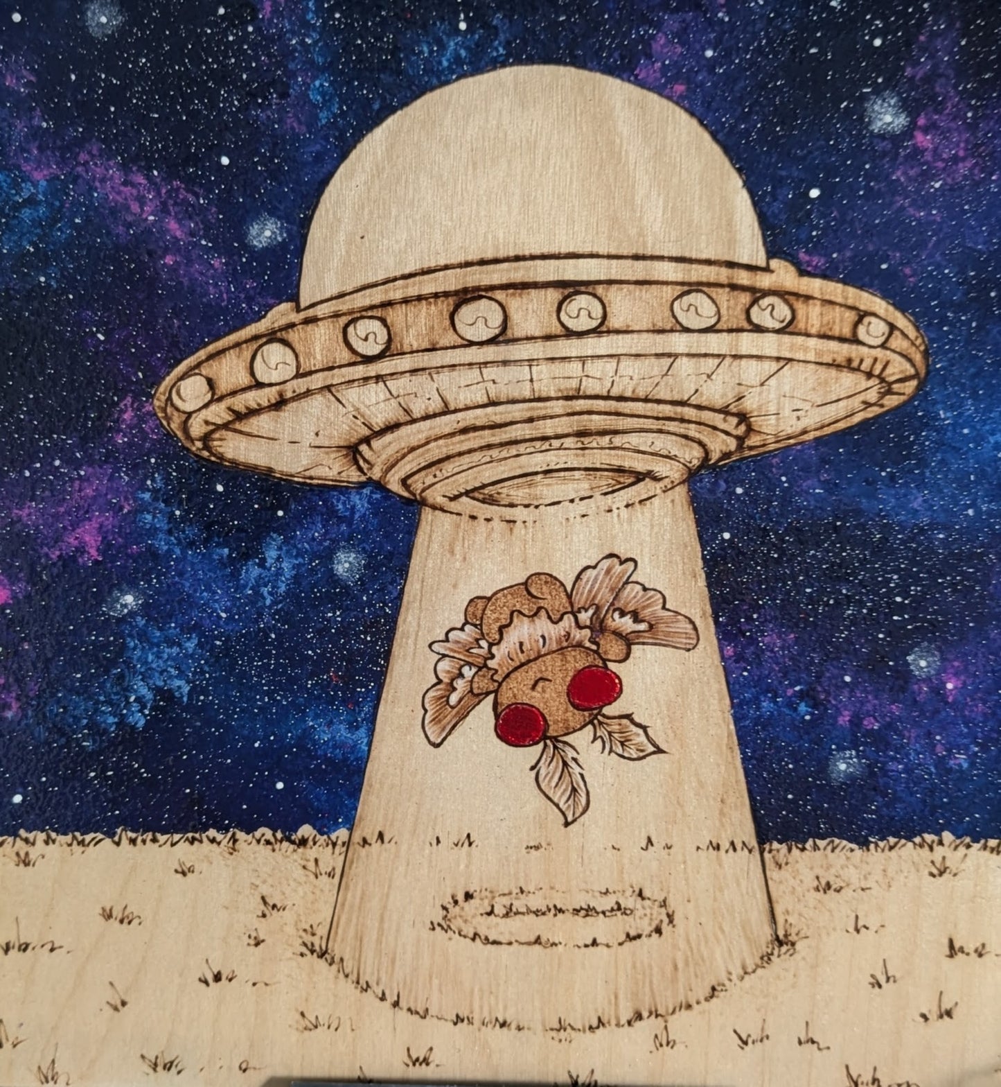Alien Abduction, Moth Man! Pyrography w/ Acrylics, Desk/Wall Art