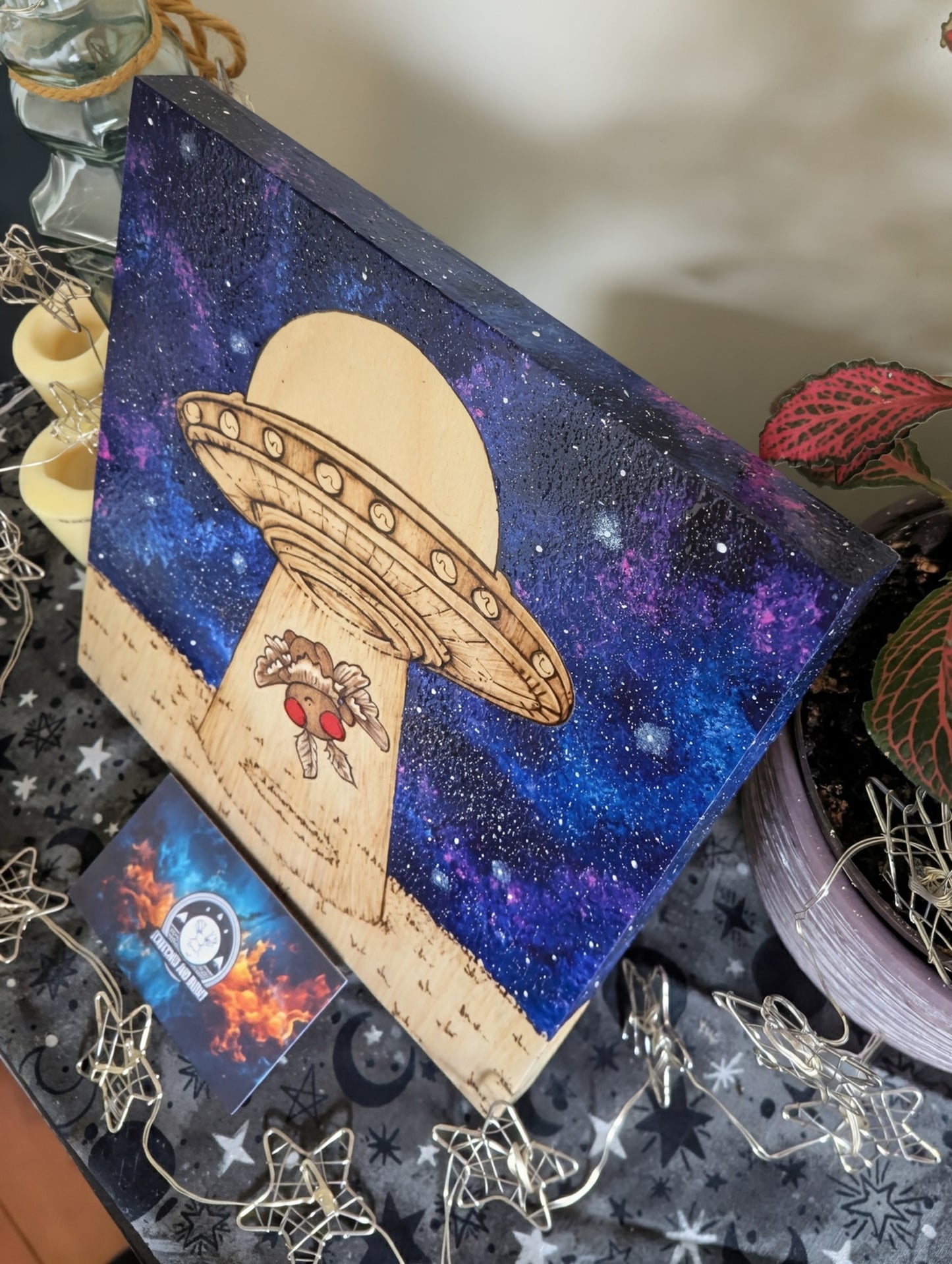 Alien Abduction, Moth Man! Pyrography w/ Acrylics, Desk/Wall Art