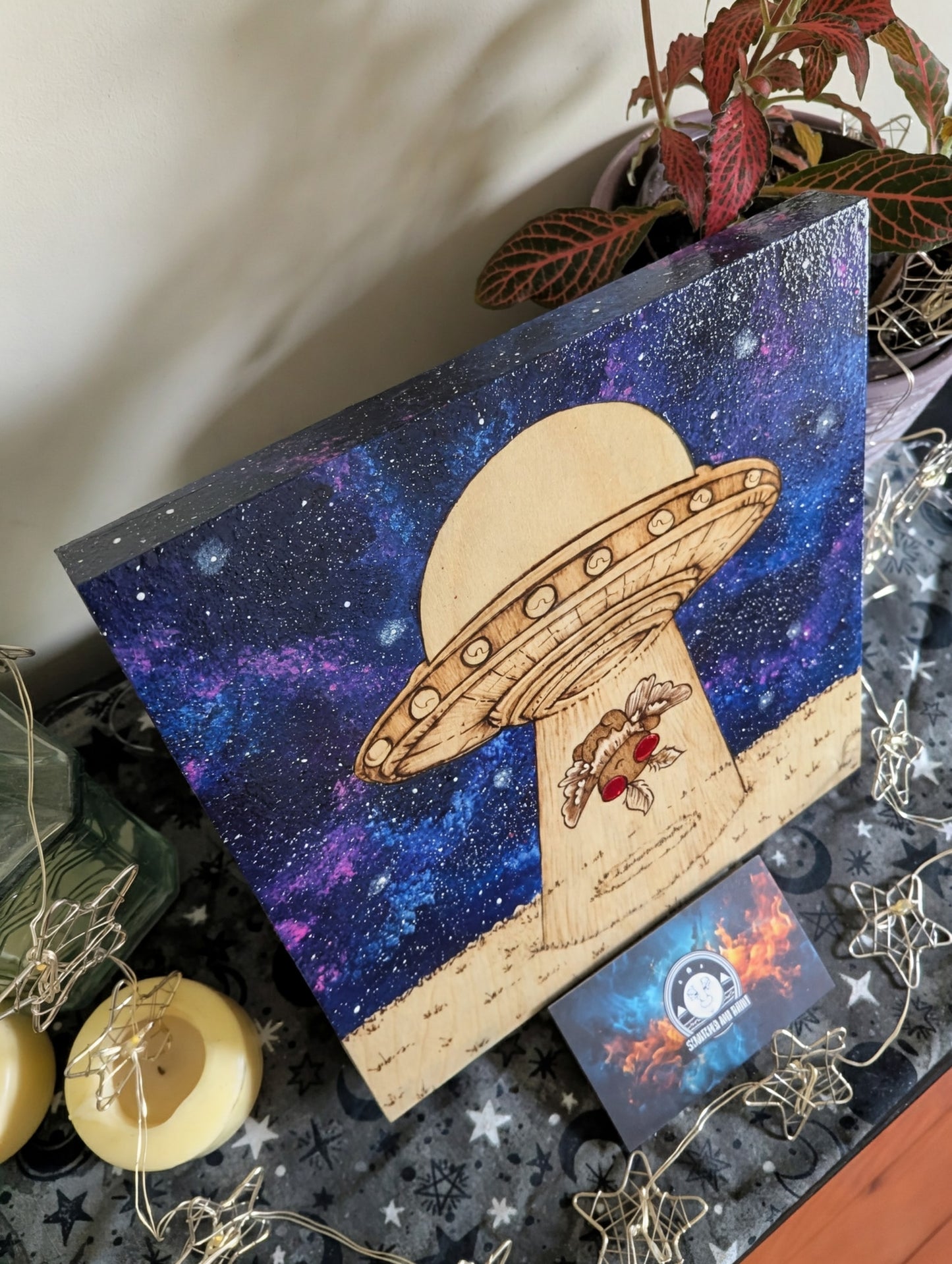 Alien Abduction, Moth Man! Pyrography w/ Acrylics, Desk/Wall Art