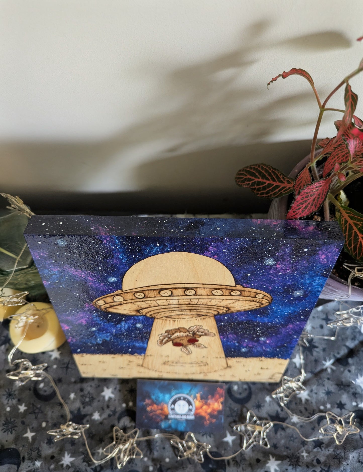 Alien Abduction, Moth Man! Pyrography w/ Acrylics, Desk/Wall Art