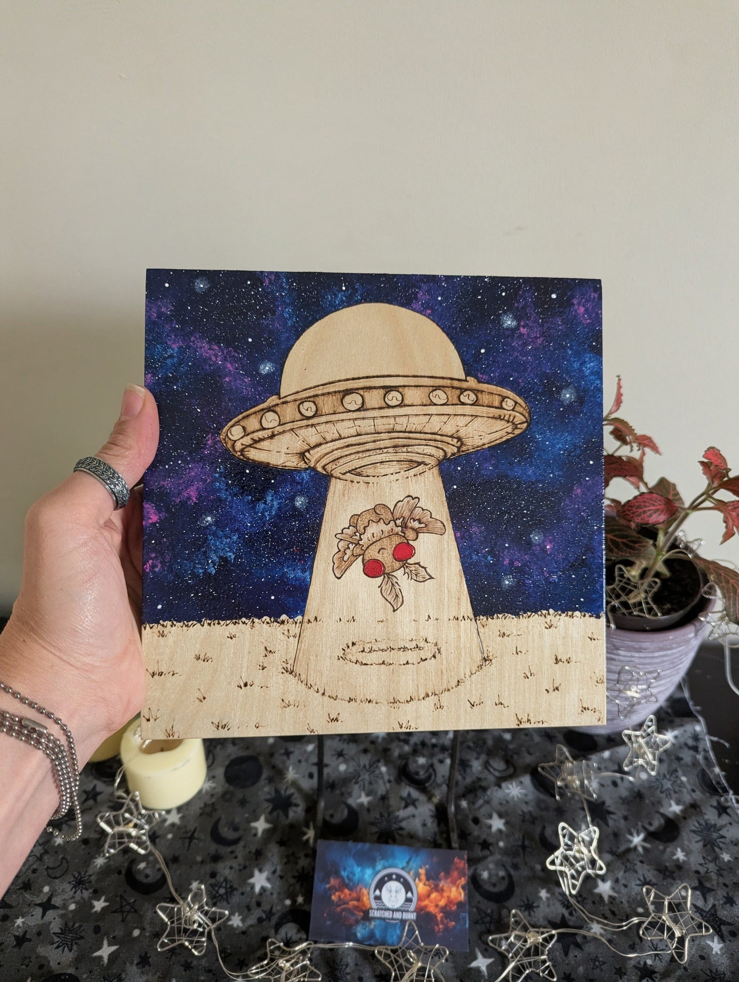 Alien Abduction, Moth Man! Pyrography w/ Acrylics, Desk/Wall Art
