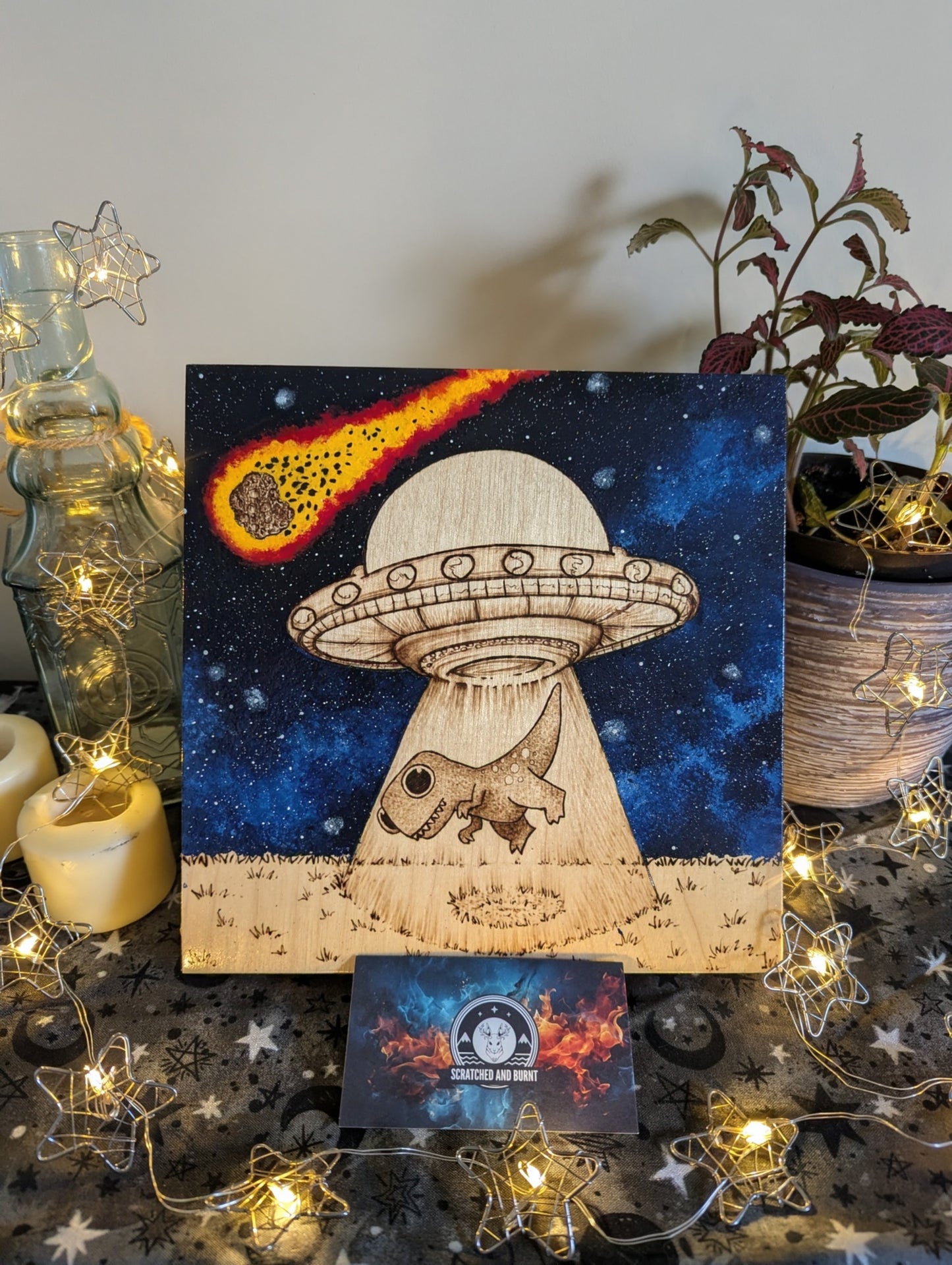 Alien Abduction, Tyrannosaurus Rex! Pyrography w/ Acrylics, Desk/Wall Art
