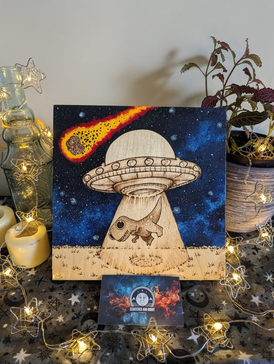 Alien Abduction, Tyrannosaurus Rex! Pyrography w/ Acrylics, Desk/Wall Art