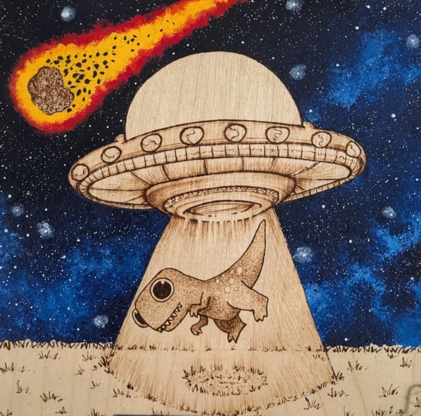 Alien Abduction, Tyrannosaurus Rex! Pyrography w/ Acrylics, Desk/Wall Art