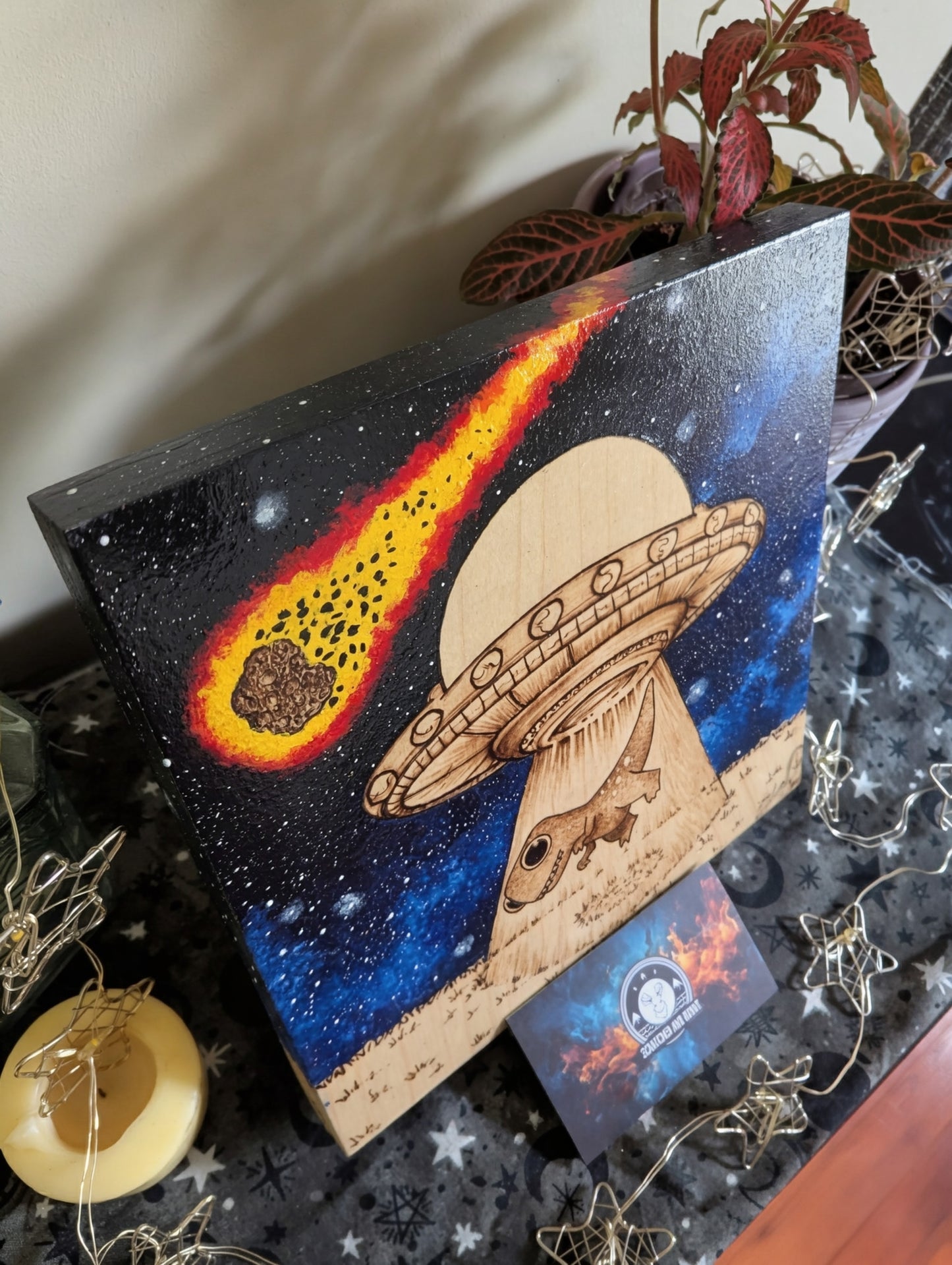 Alien Abduction, Tyrannosaurus Rex! Pyrography w/ Acrylics, Desk/Wall Art