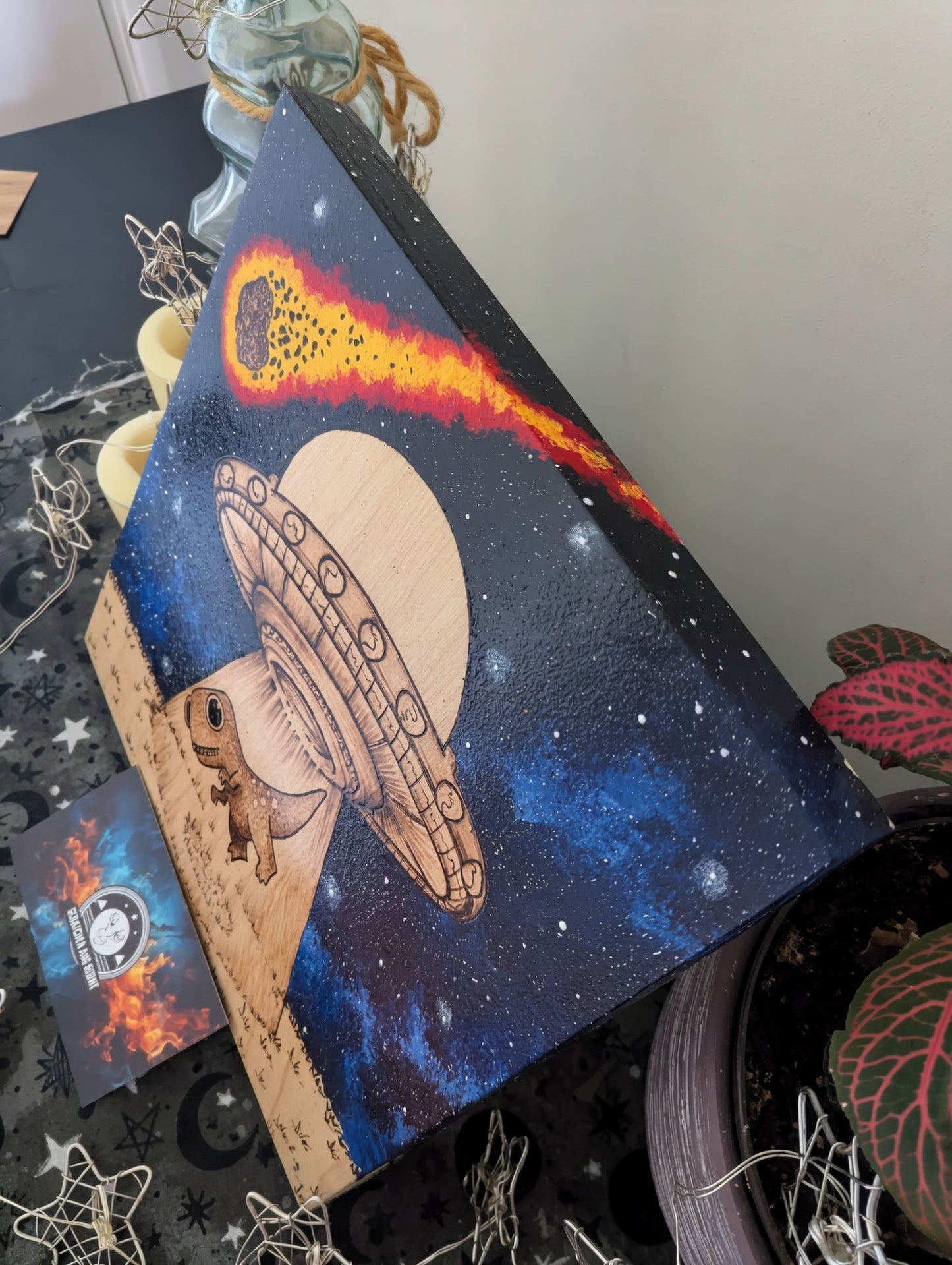 Alien Abduction, Tyrannosaurus Rex! Pyrography w/ Acrylics, Desk/Wall Art