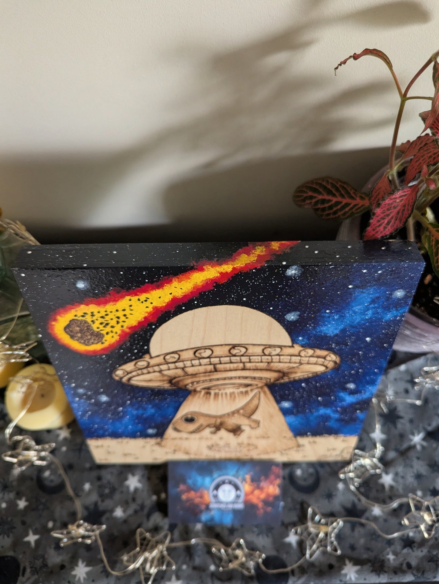 Alien Abduction, Tyrannosaurus Rex! Pyrography w/ Acrylics, Desk/Wall Art