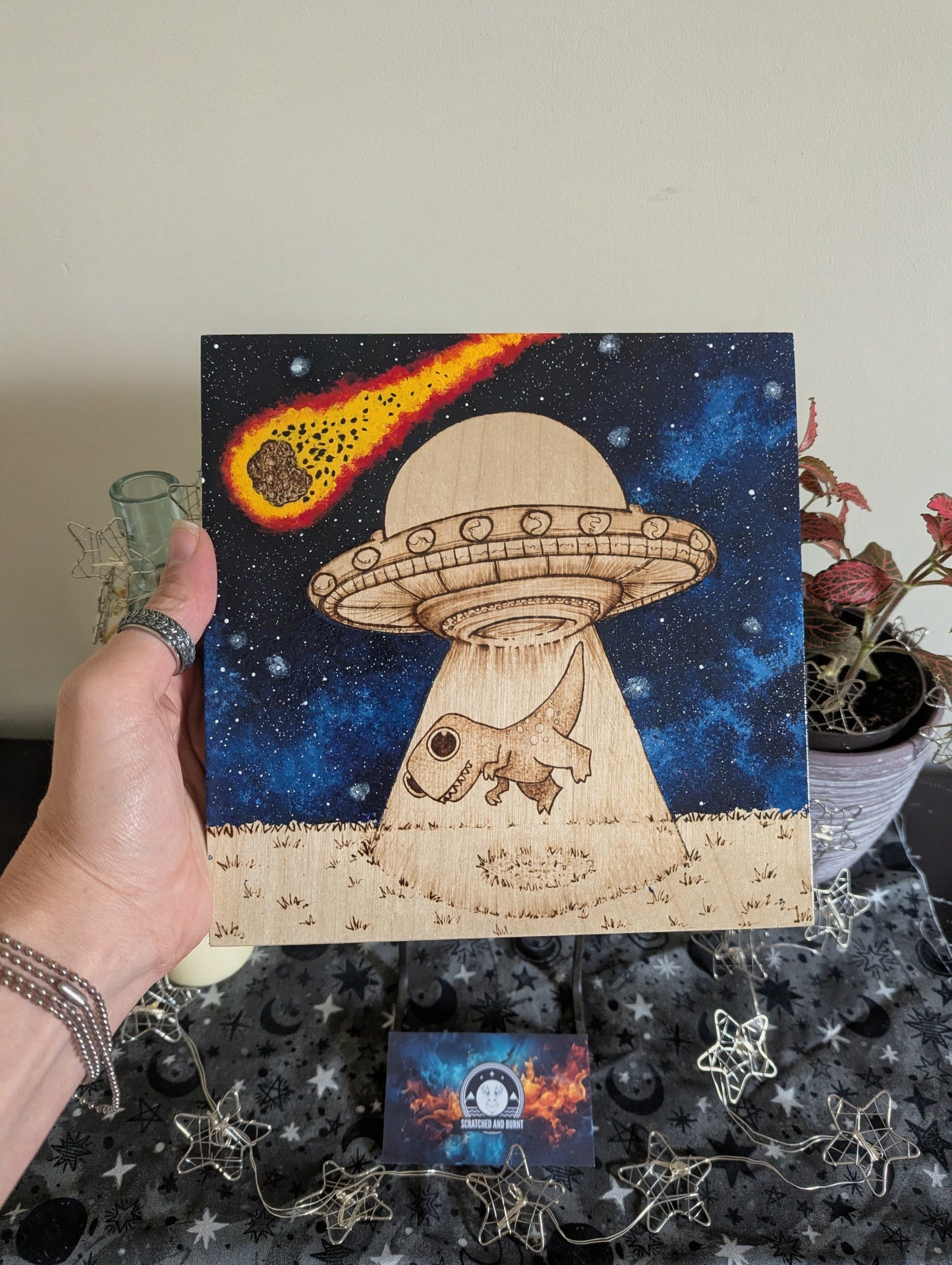 Alien Abduction, Tyrannosaurus Rex! Pyrography w/ Acrylics, Desk/Wall Art