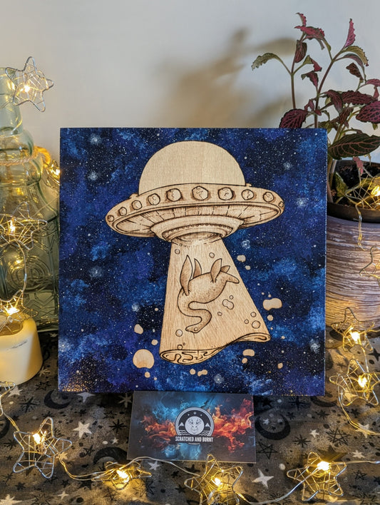 Alien Abduction, Loch Ness Monster! Pyrography w/ Acrylics, Desk/Wall Art