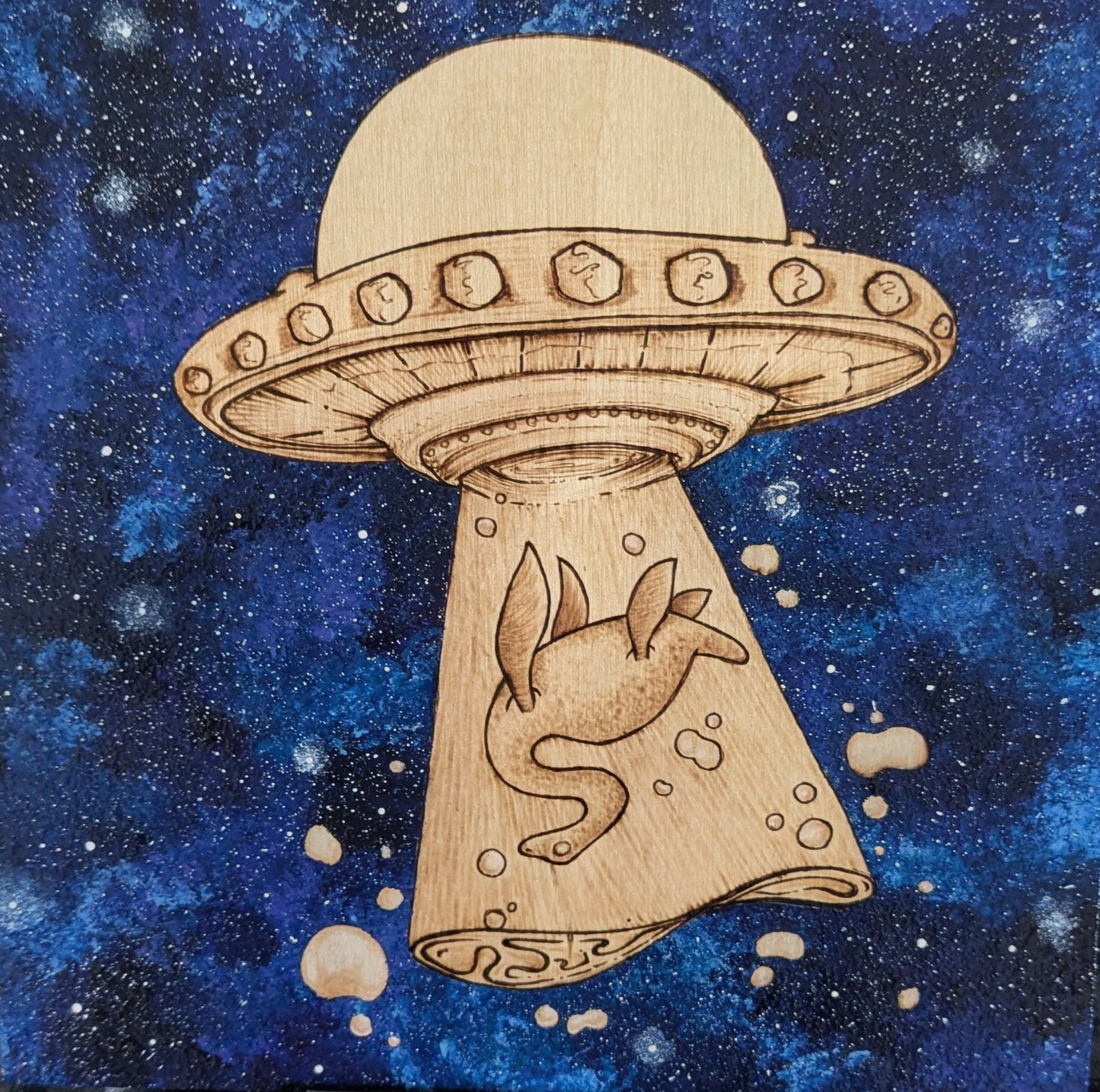 Alien Abduction, Loch Ness Monster! Pyrography w/ Acrylics, Desk/Wall Art