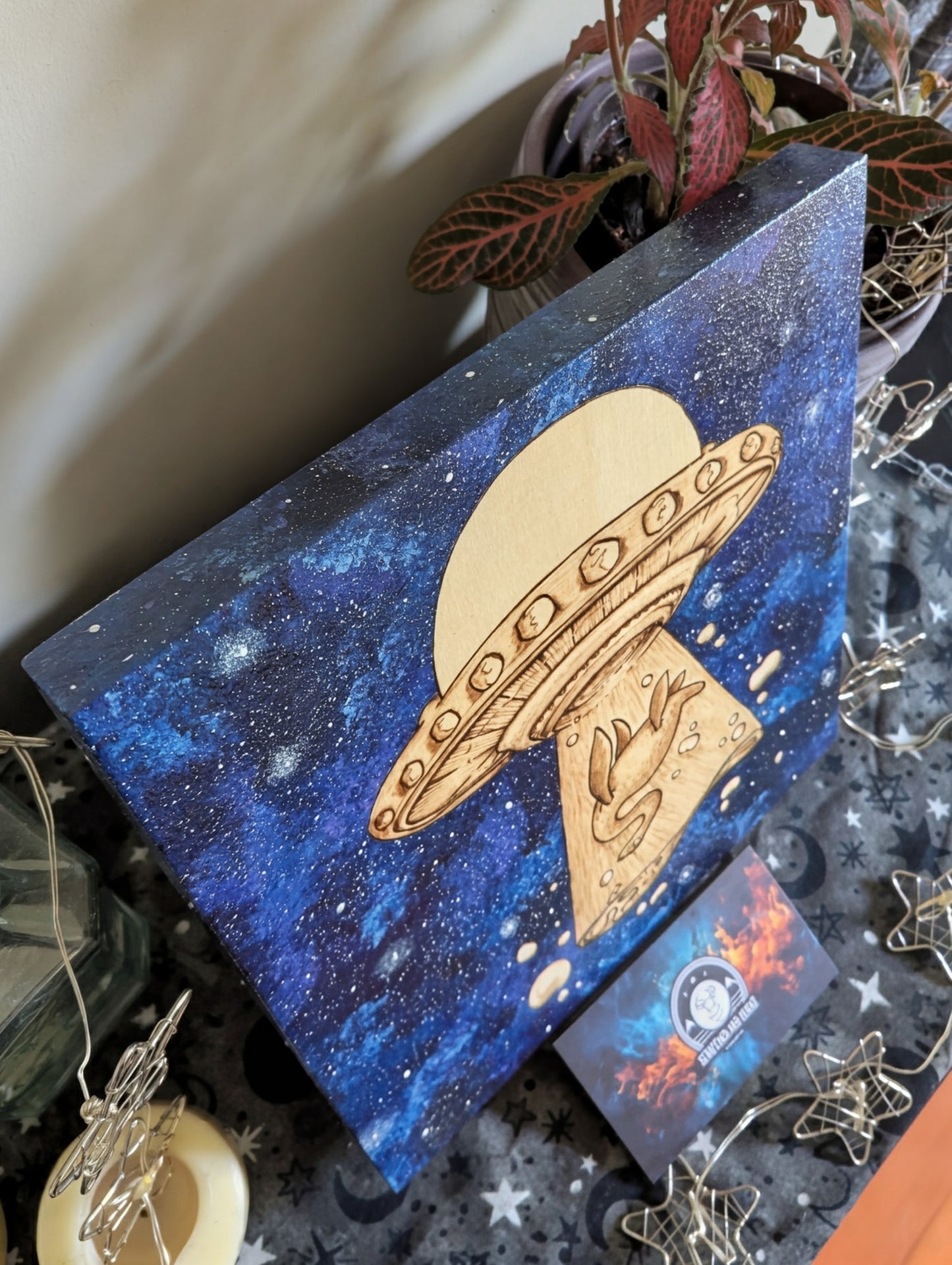 Alien Abduction, Loch Ness Monster! Pyrography w/ Acrylics, Desk/Wall Art