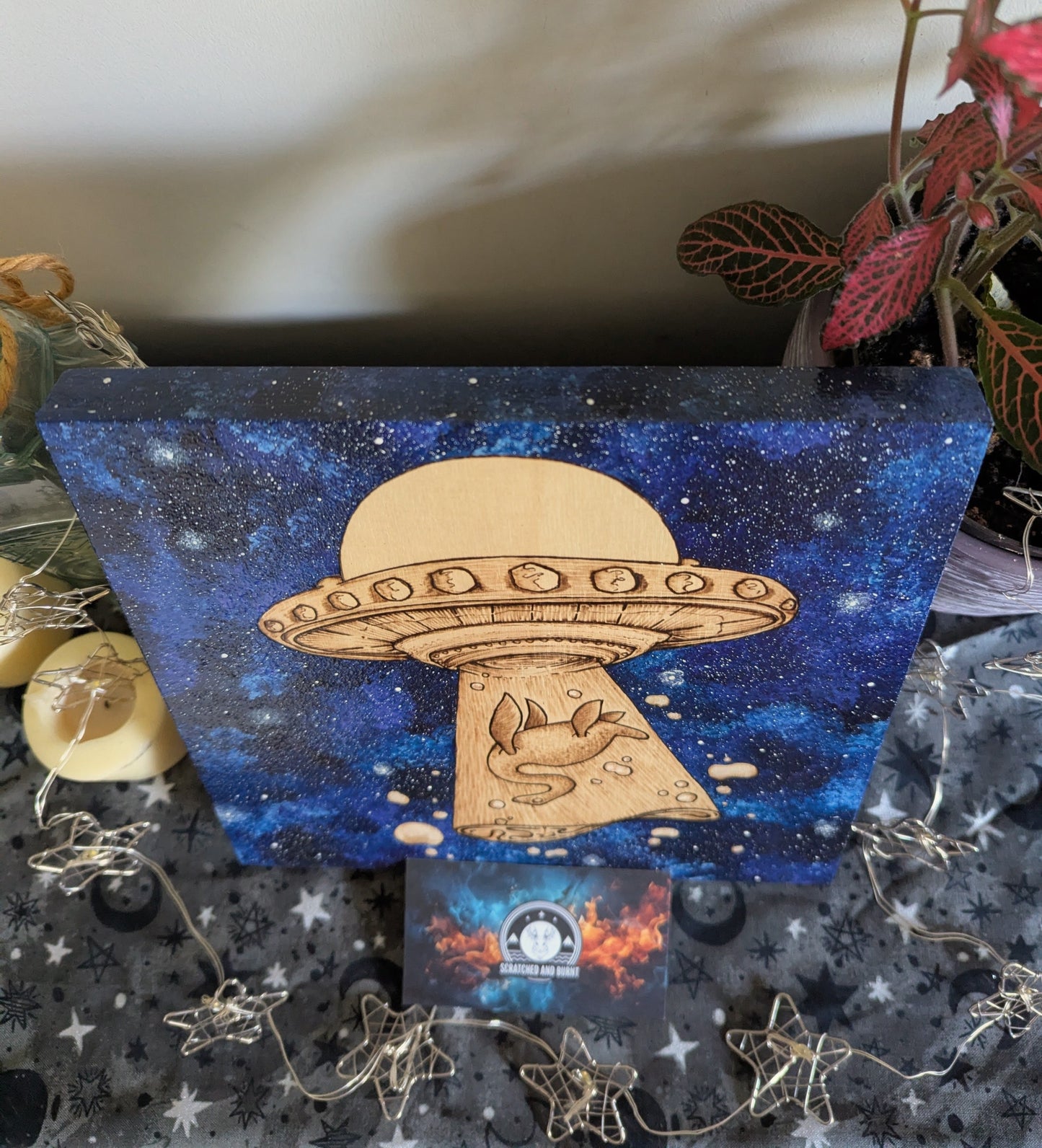 Alien Abduction, Loch Ness Monster! Pyrography w/ Acrylics, Desk/Wall Art