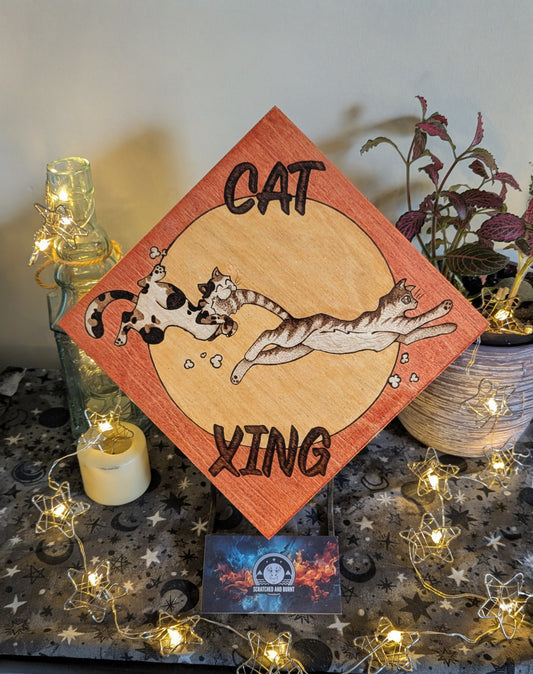 Cat - Xing Sign, Pyrography w/ Stain, Desk/Wall Art