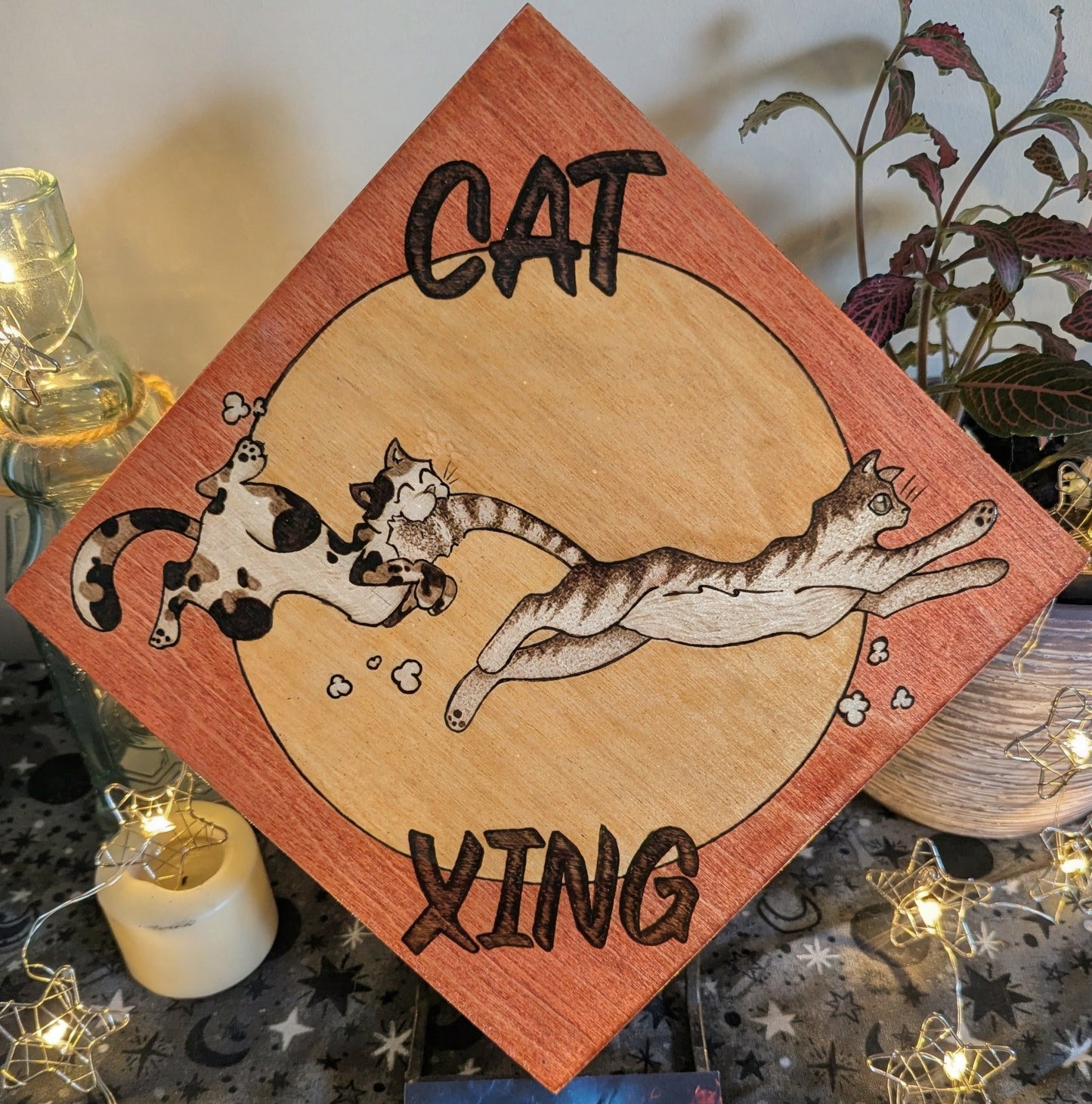 Cat - Xing Sign, Pyrography w/ Stain, Desk/Wall Art