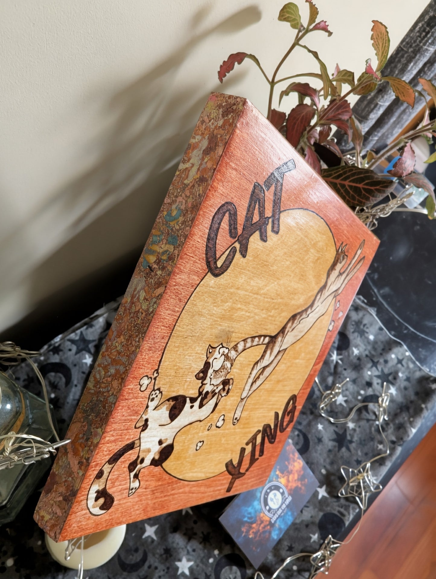 Cat - Xing Sign, Pyrography w/ Stain, Desk/Wall Art