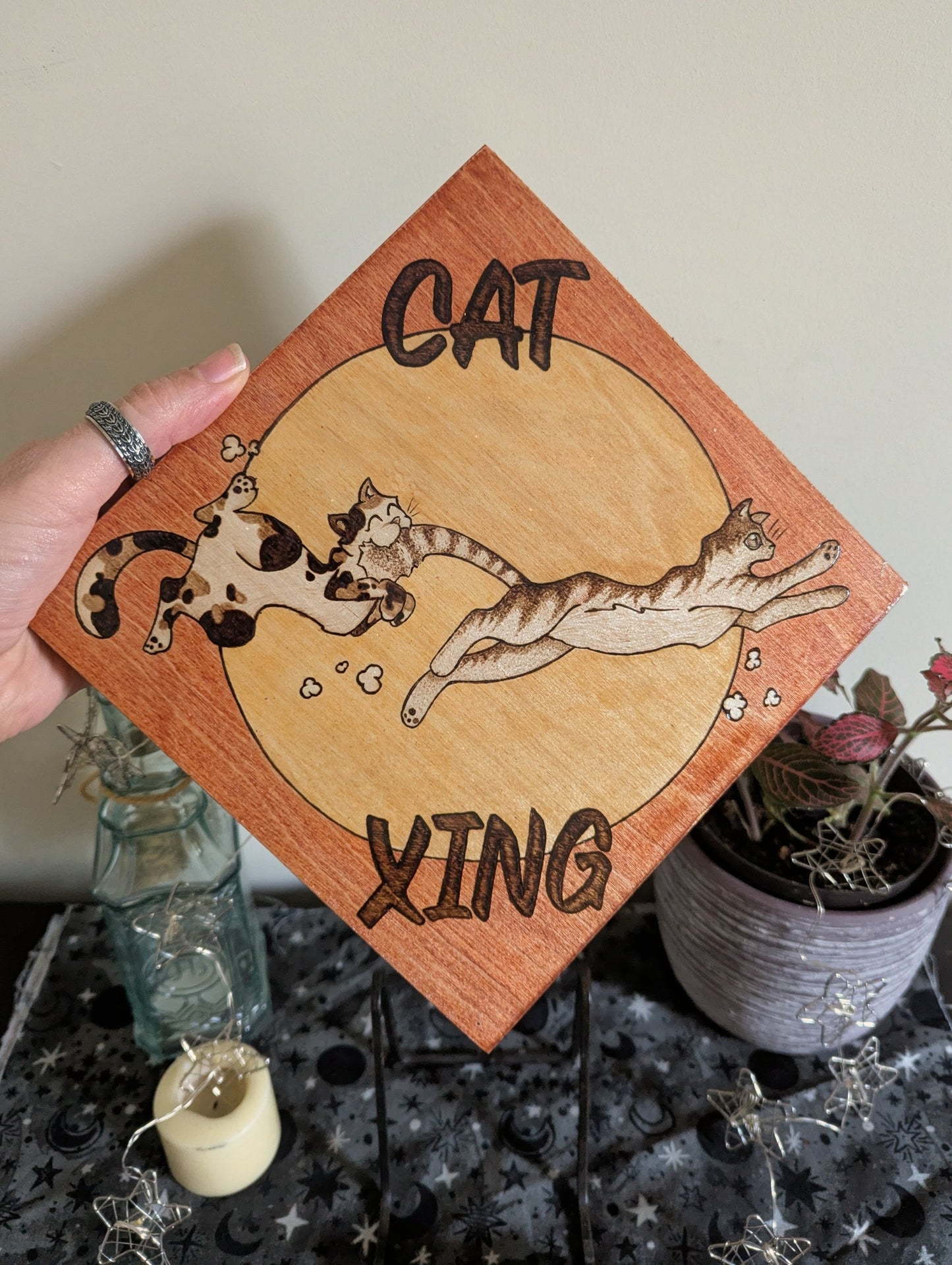 Cat - Xing Sign, Pyrography w/ Stain, Desk/Wall Art