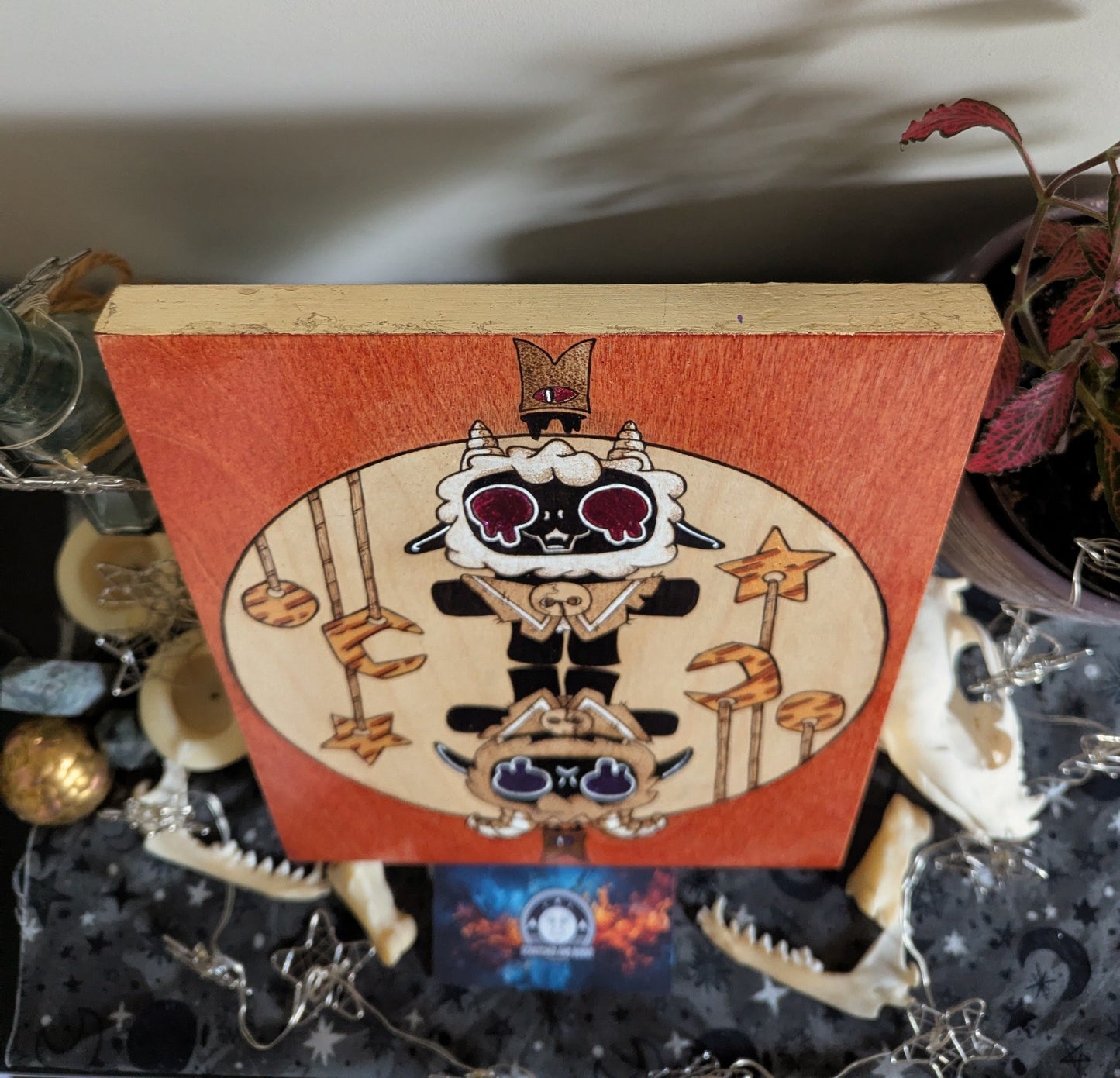 'Cult of the Lamb, Twins' Theme Pyrography with Colored Foil Accents, on Wood, Wall/ Desk Art