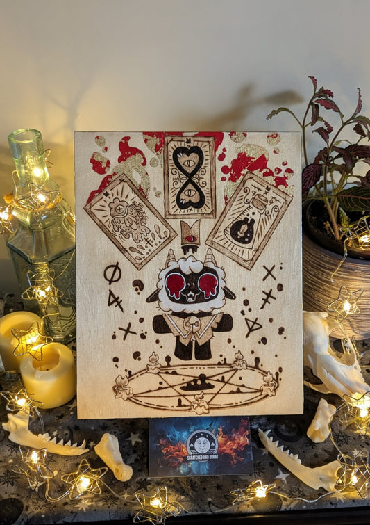 'Cult of the Lamb' Theme Pyrography with Colored Foil Accents, on Wood