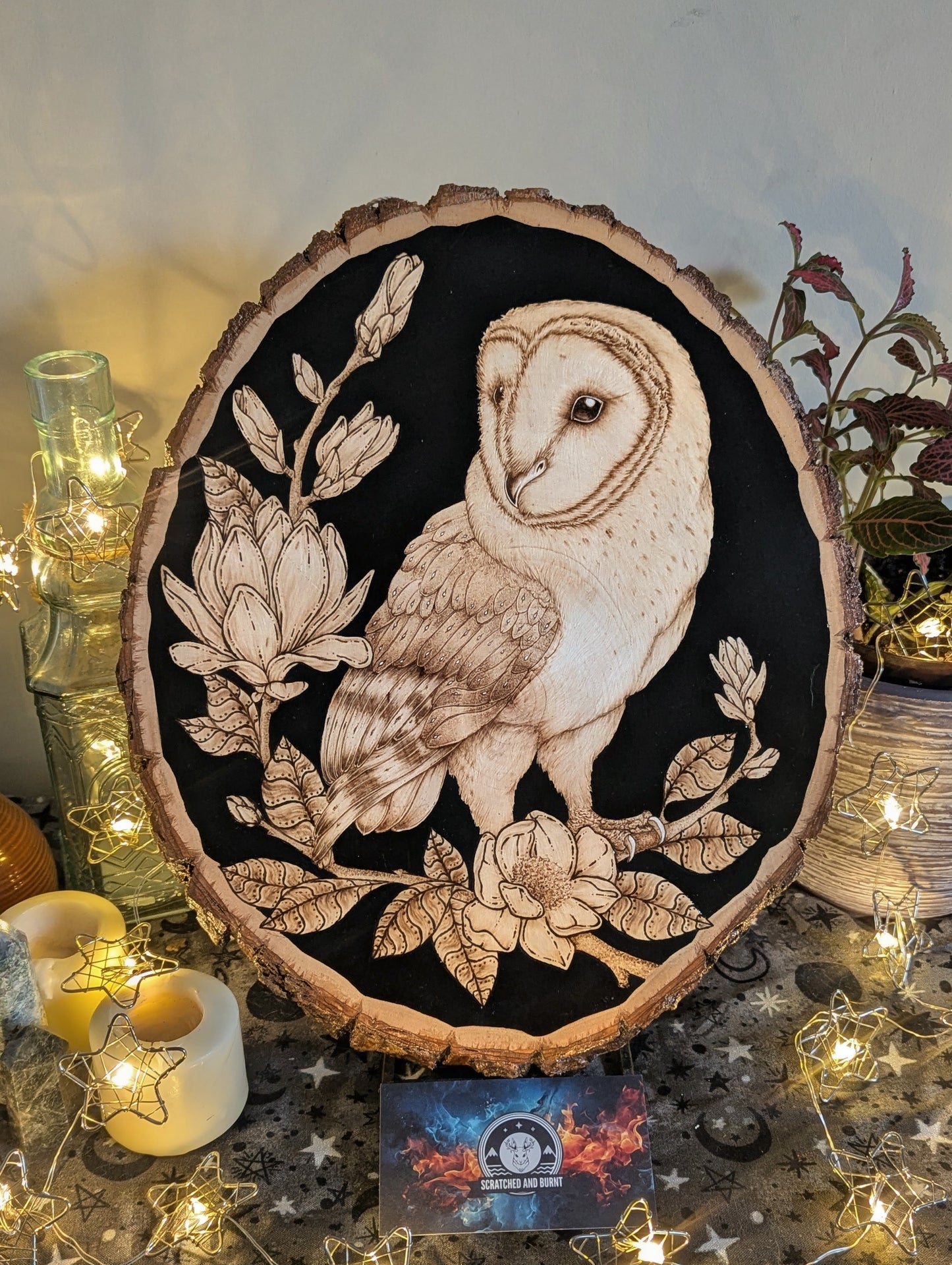 'The Owl & the Blossoms', Pyrography on BassWood, Desk/Wall Art