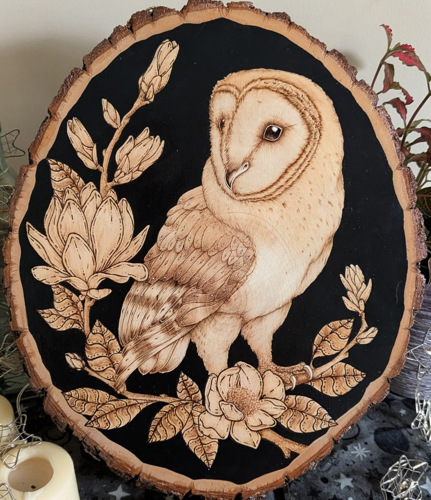 'The Owl & the Blossoms', Pyrography on BassWood, Desk/Wall Art