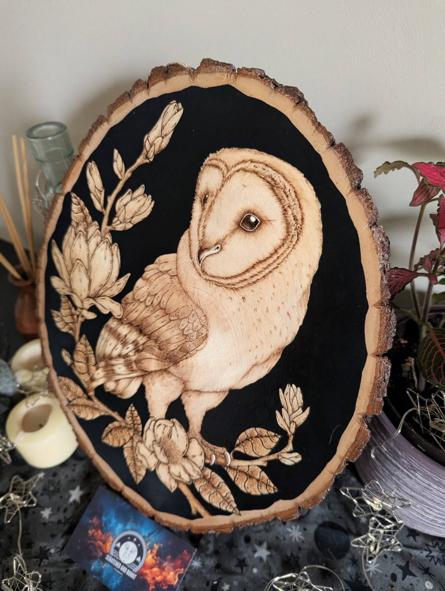 'The Owl & the Blossoms', Pyrography on BassWood, Desk/Wall Art