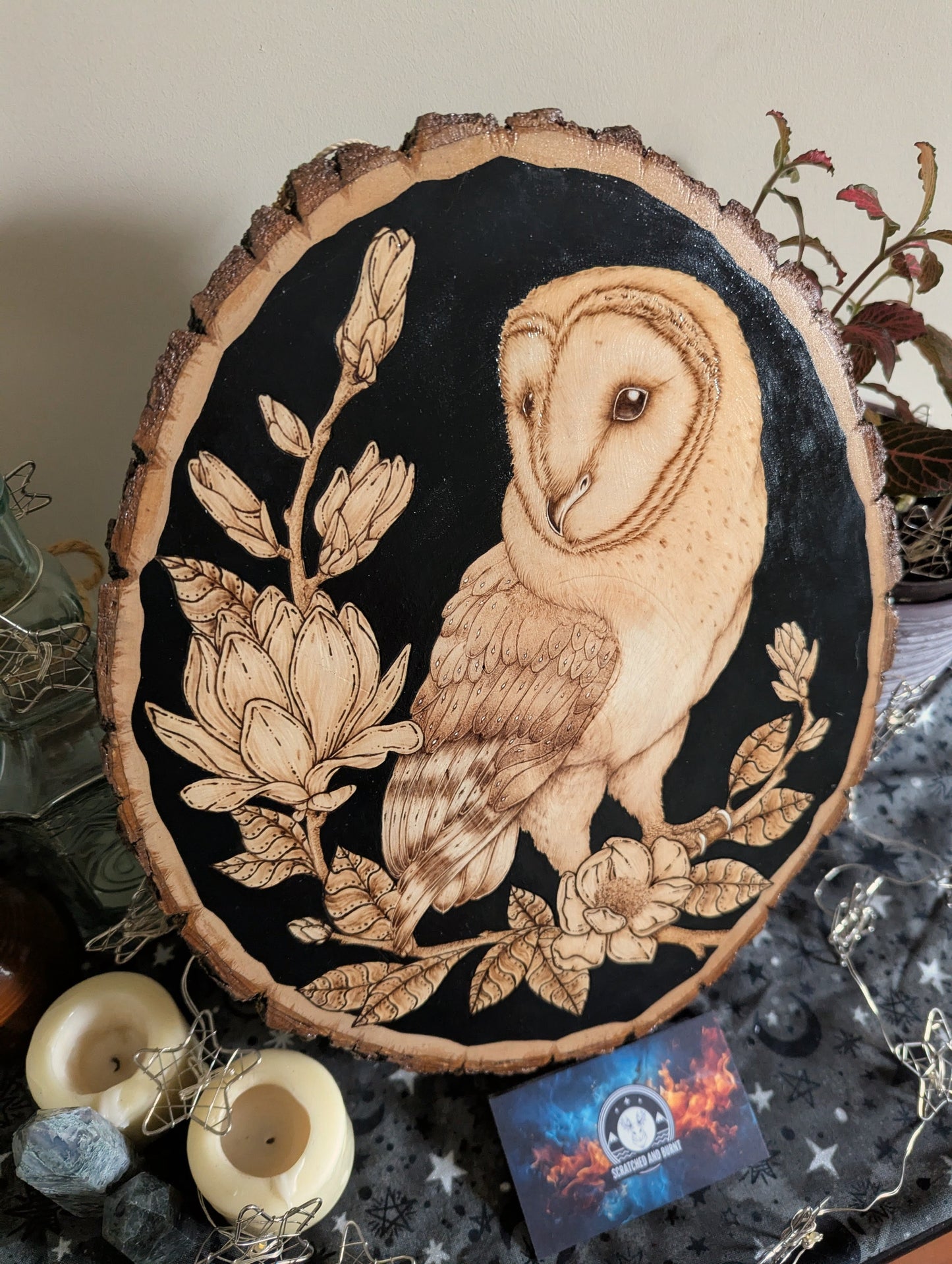 'The Owl & the Blossoms', Pyrography on BassWood, Desk/Wall Art
