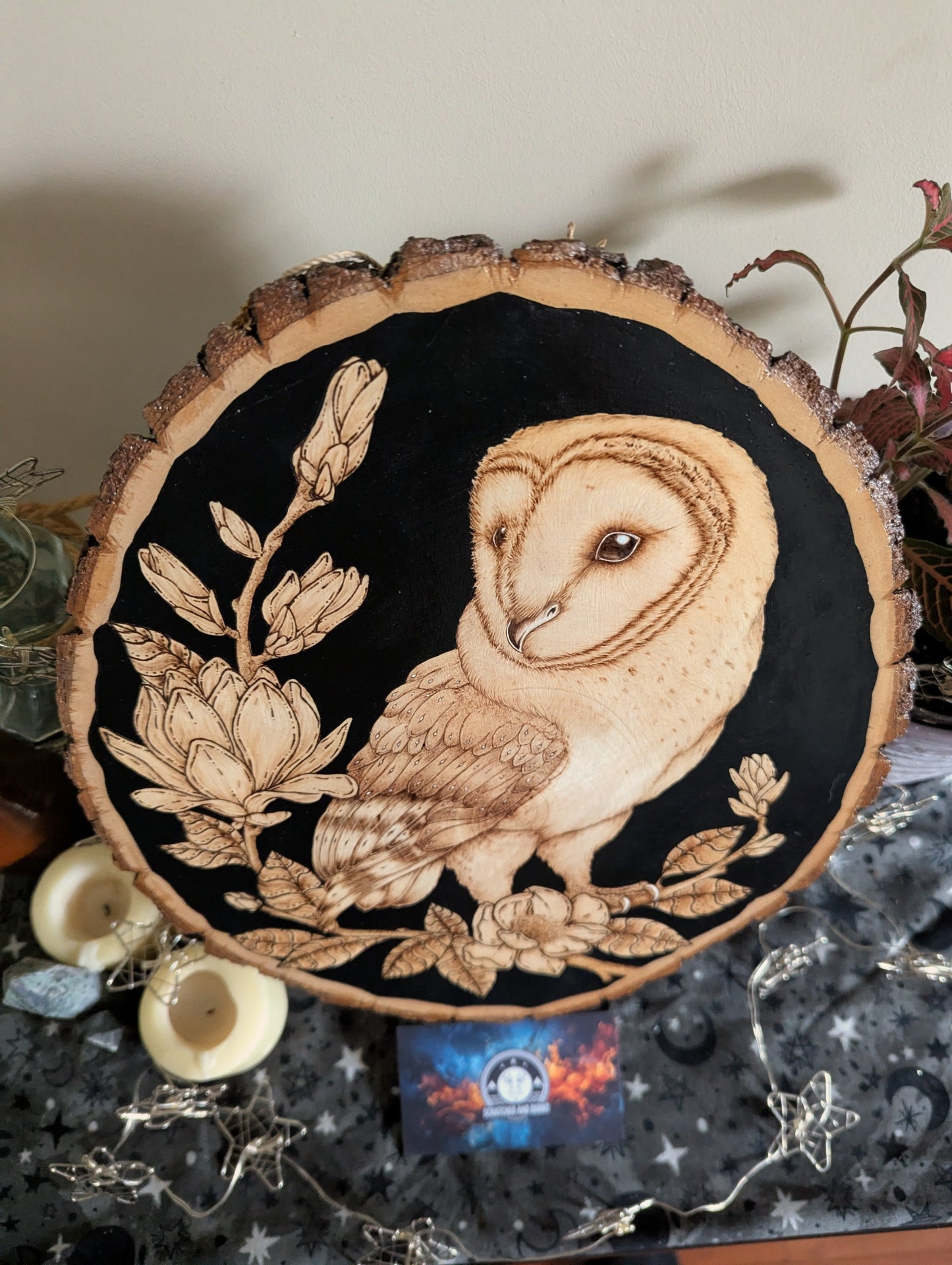 'The Owl & the Blossoms', Pyrography on BassWood, Desk/Wall Art