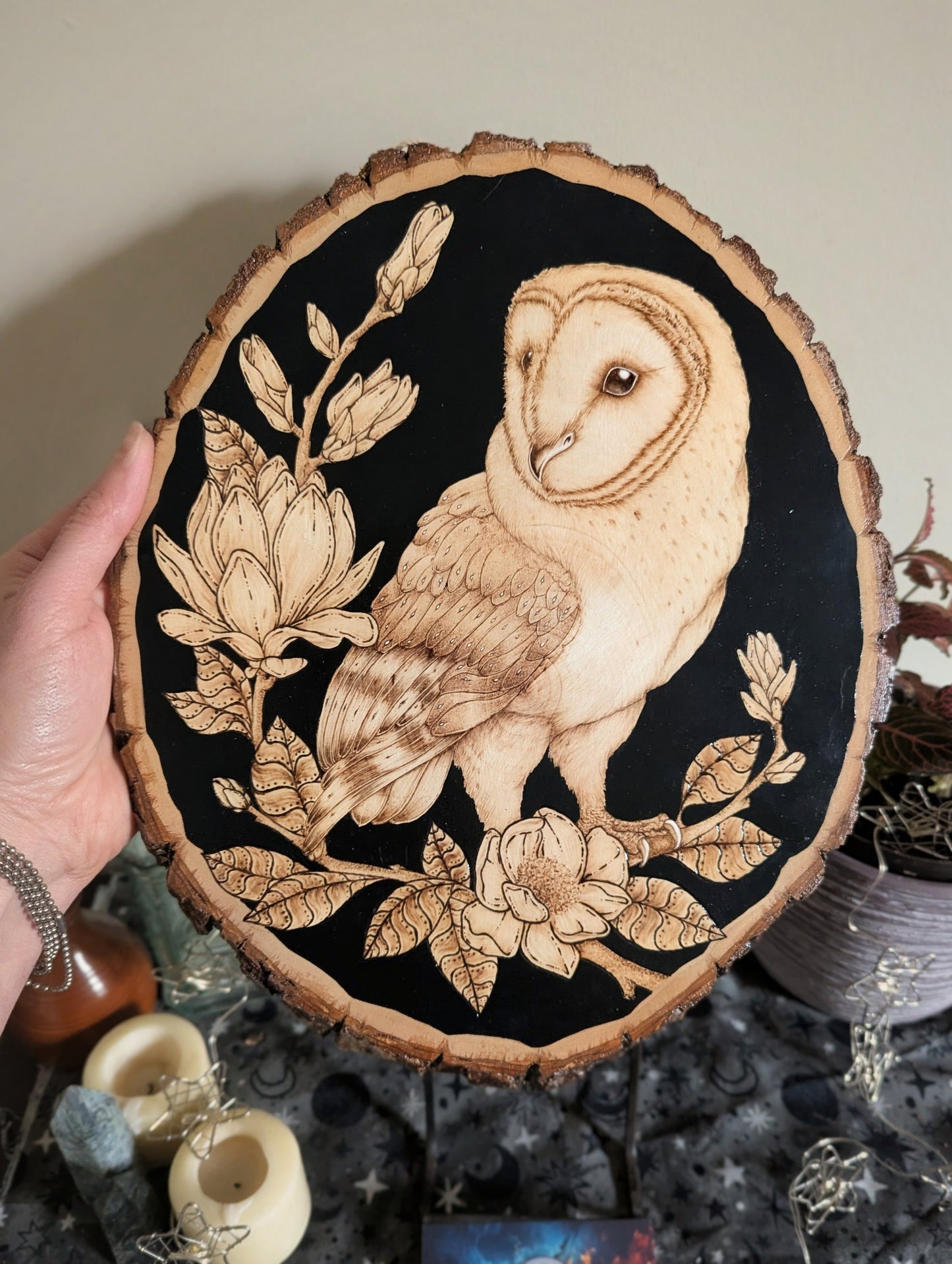 'The Owl & the Blossoms', Pyrography on BassWood, Desk/Wall Art