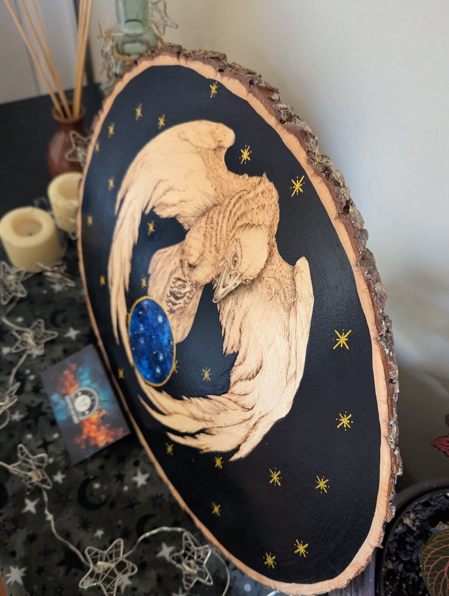 'Keeper of the Stars', Pyrography w/ Acrylics, Desk/Wall Art