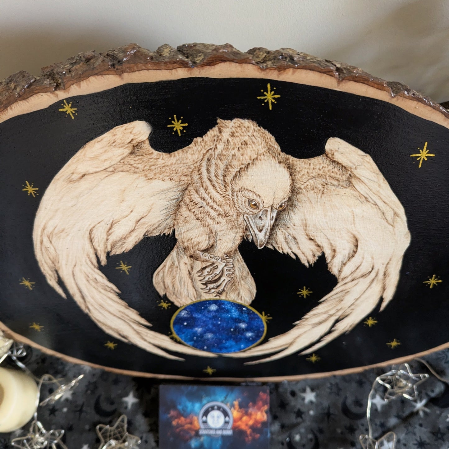 'Keeper of the Stars', Pyrography w/ Acrylics, Desk/Wall Art