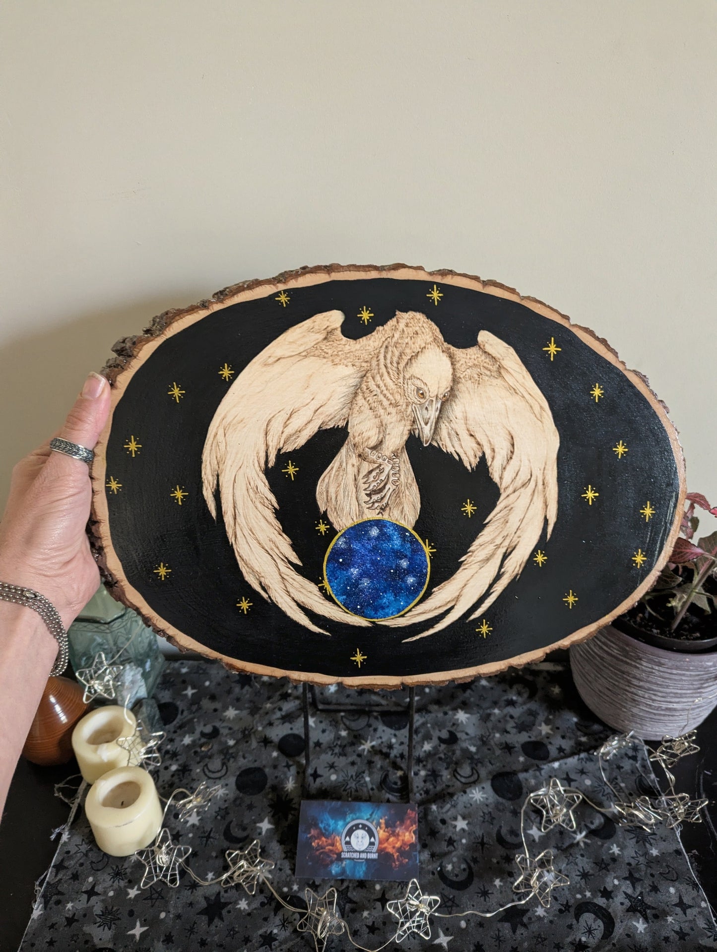 'Keeper of the Stars', Pyrography w/ Acrylics, Desk/Wall Art