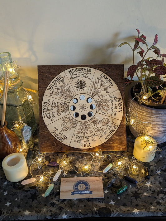 'Wheel of the Year – Simmer Pot Magic' Pyrography with Gold Foil Edger on Wood, Desk/Wall Art