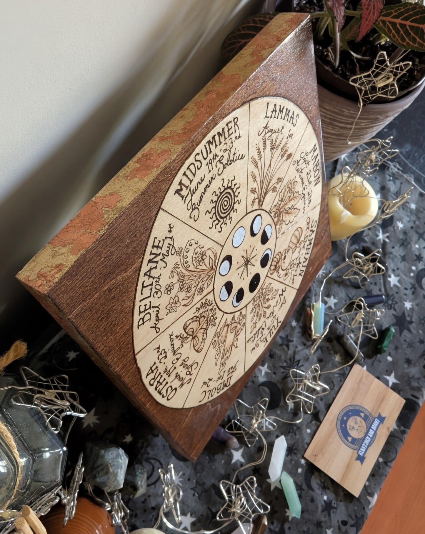 'Wheel of the Year – Simmer Pot Magic' Pyrography with Gold Foil Edger on Wood, Desk/Wall Art
