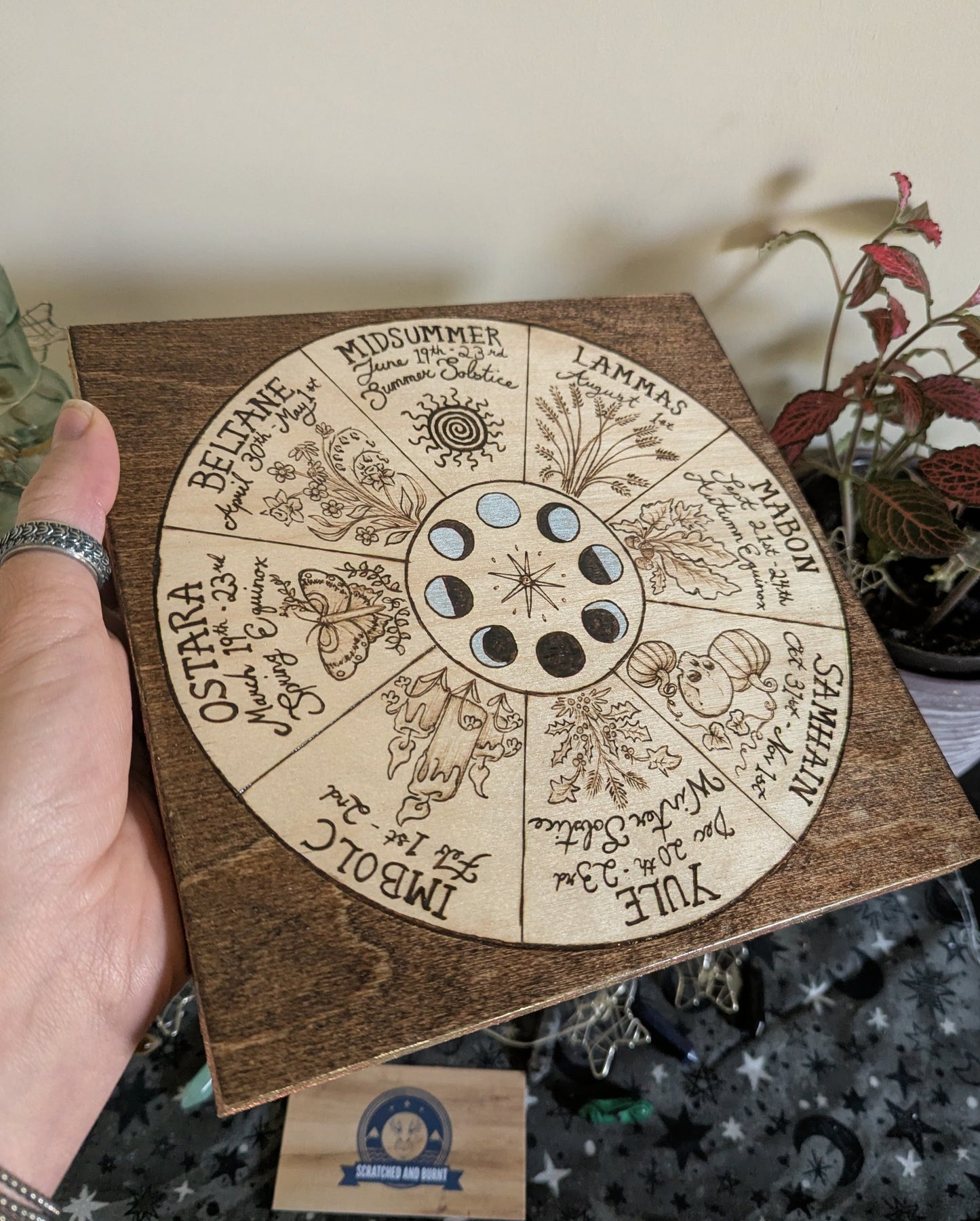'Wheel of the Year – Simmer Pot Magic' Pyrography with Gold Foil Edger on Wood, Desk/Wall Art