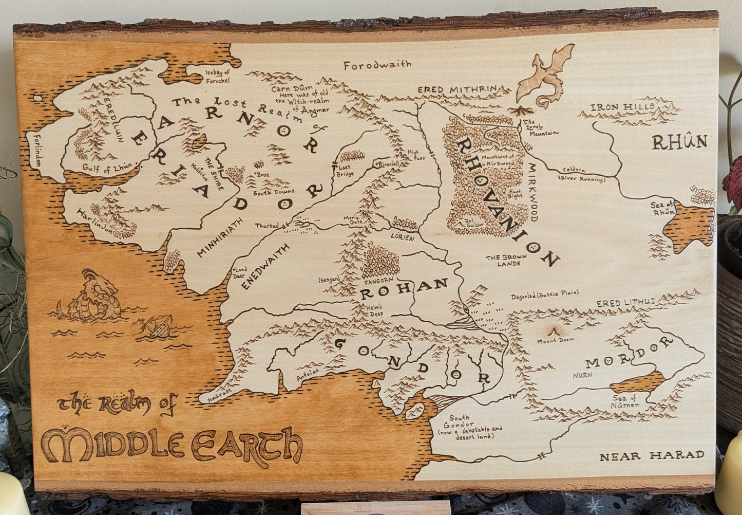 'The Realm of Middle Earth' Map, Pyrography Map Desk/Wall Art Large
